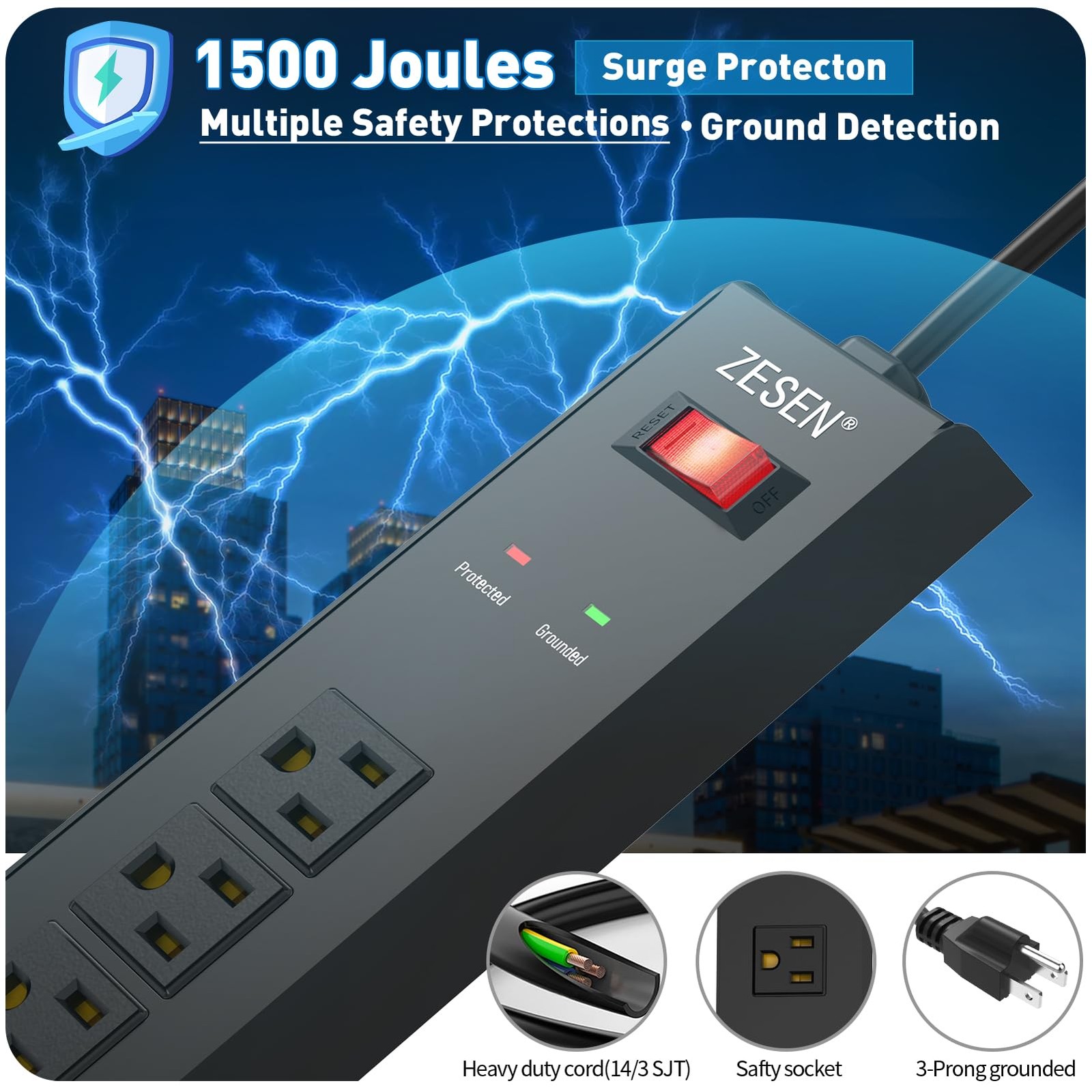 Black 7 Outlet Metal Power Strip Overload Protection 6ft Cord Wall Mount 15A