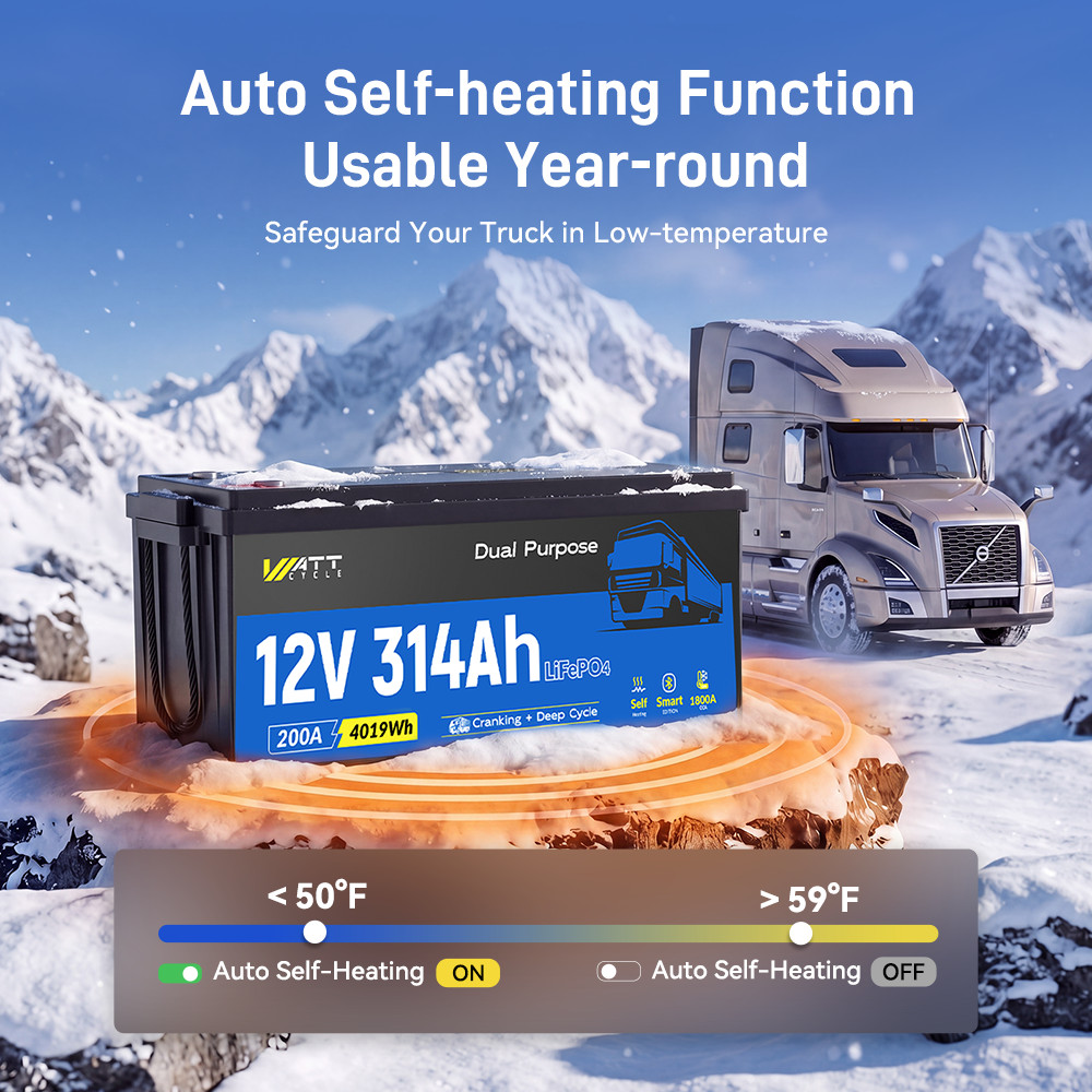 WattCycle 12V 314Ah 300Ah 1800 CCA Dual Purpose LiFePO4 Battery Self-Heating