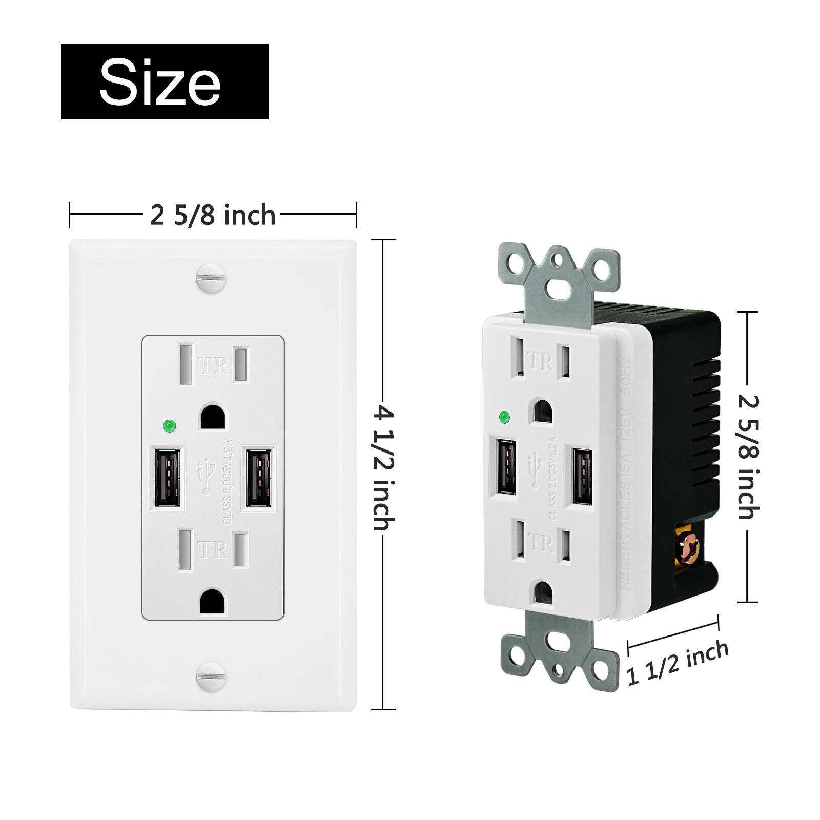 Electric Dual USB Outlet Wall Tamper-Resistant 15A AC Power Socket /wall plate