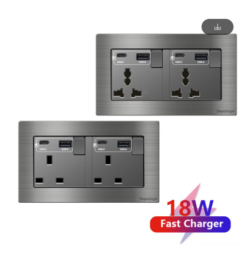 UK 13A Wall Socket Type-C 18W Fast Charge Aluminum Switch Panel