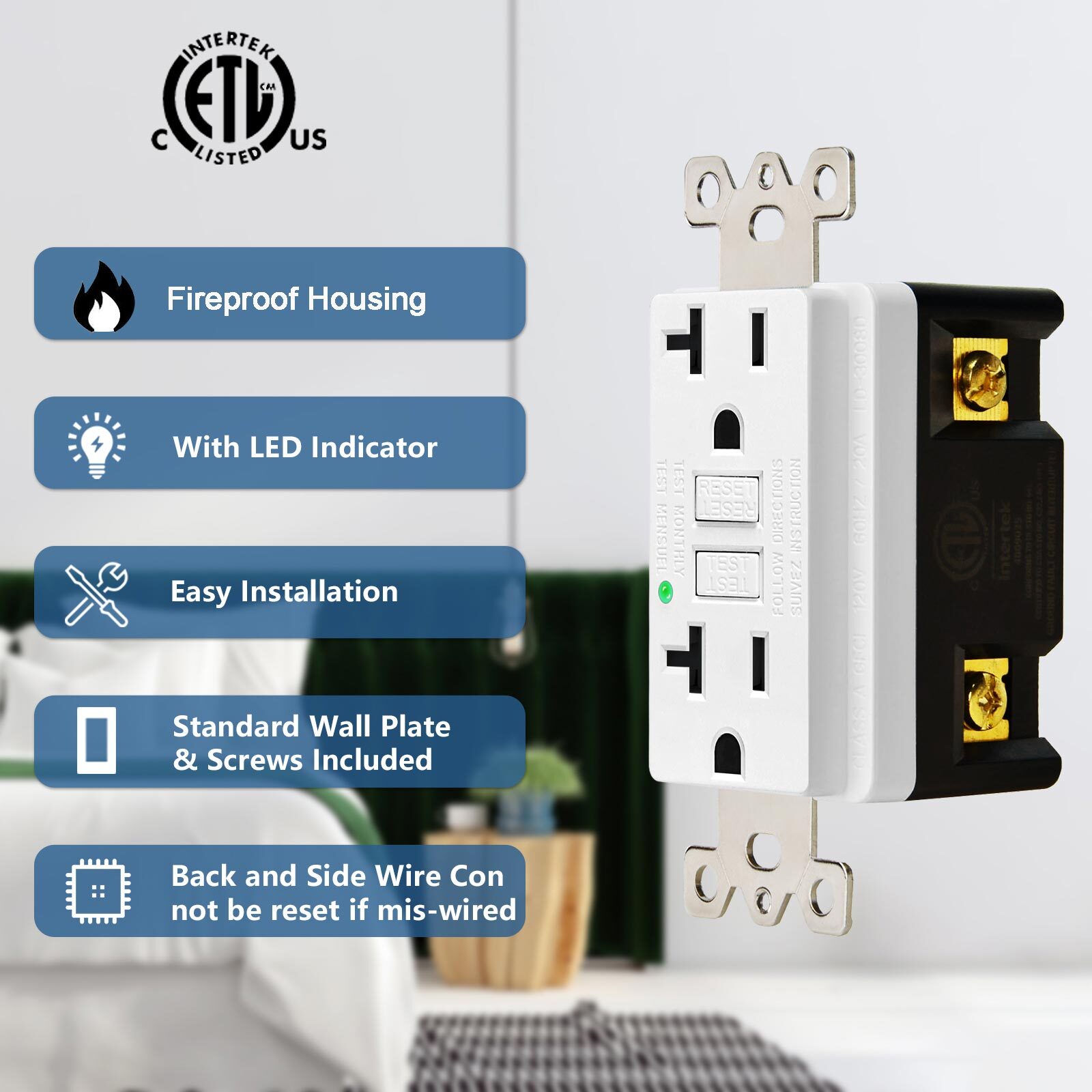 20AMP GFCI Outlet w/ LED Indicator & Wallplate White Non-TR Residential Grade US