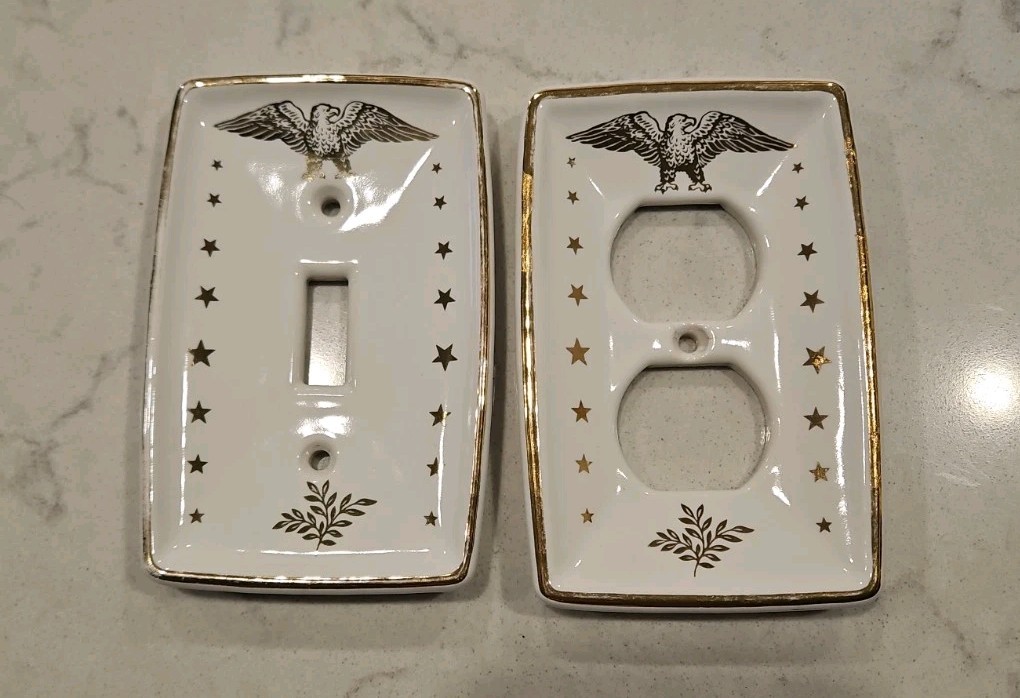 Towne Porcelain Switch Plate Covers Gold Stars& Eagle. 1 Plug, 1 Switch