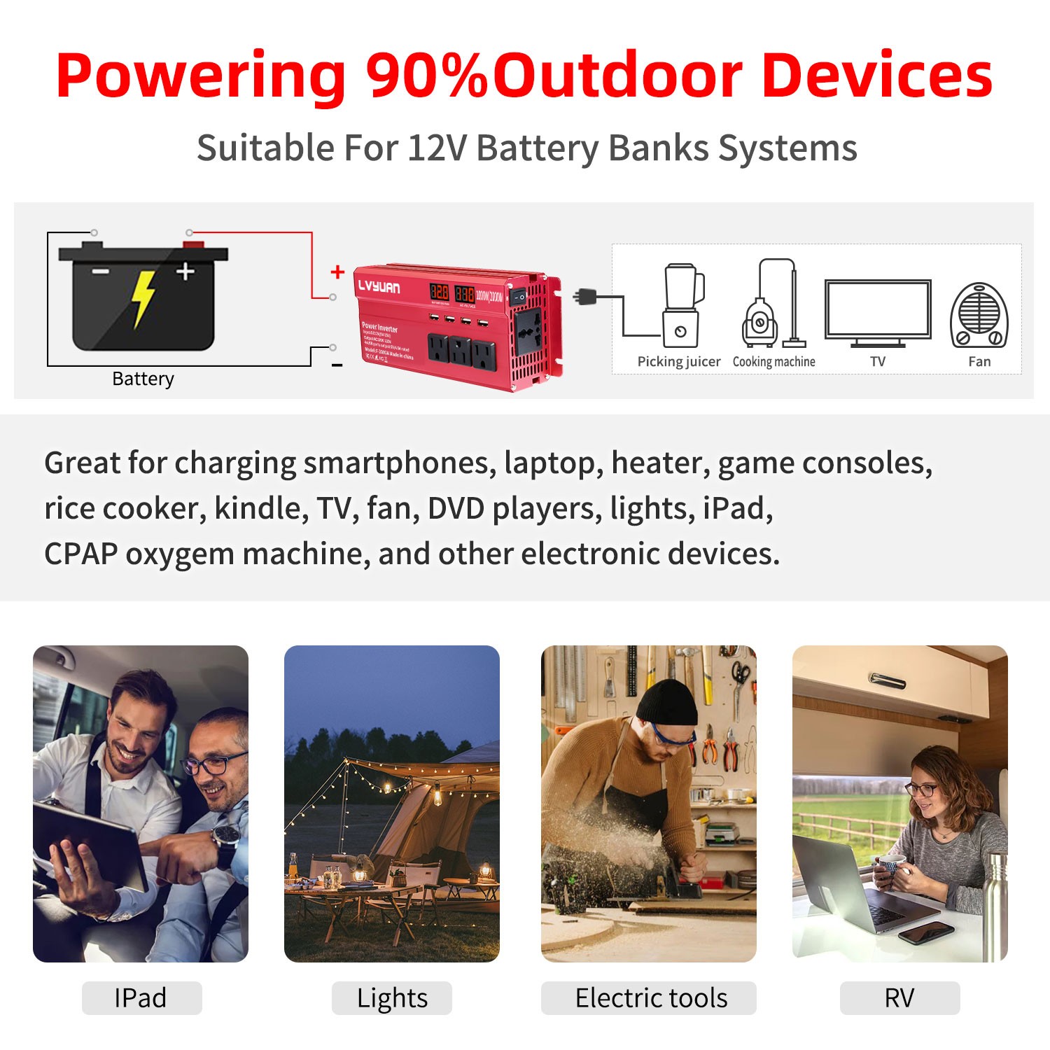 1000W 2000W Peak Car Power Inverter 12V DC to 110V AC Converter with LCD & 4 USB