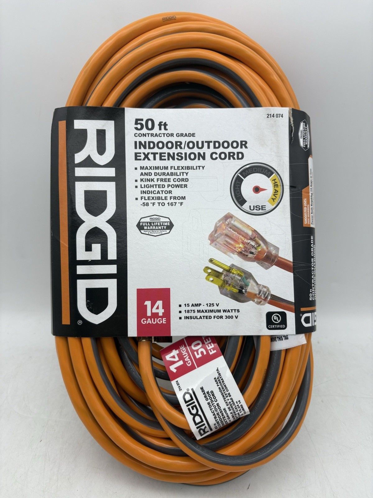 RIDGID 50FT Contractors Grade Indoor Outdoor Extension Cord 12 Gauge NEW