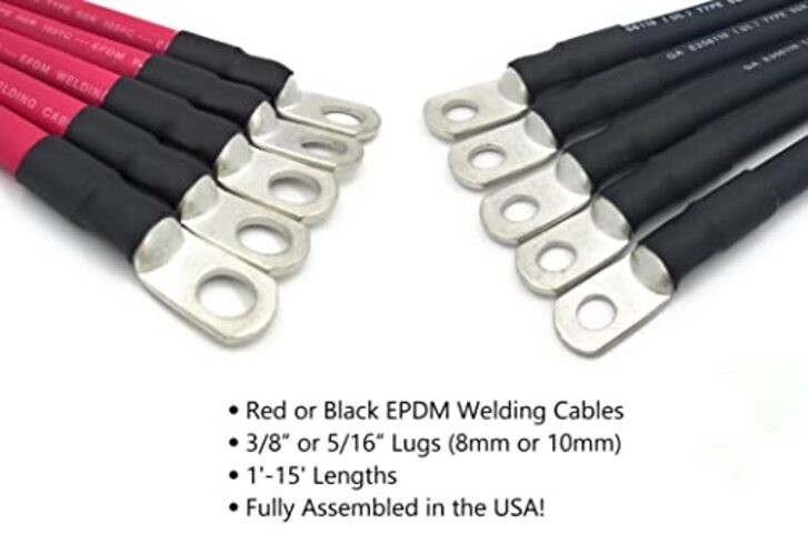2 AWG Gauge Premium Battery Cables, Made in The USA, 1.5ft – 3/8″ Lugs Red