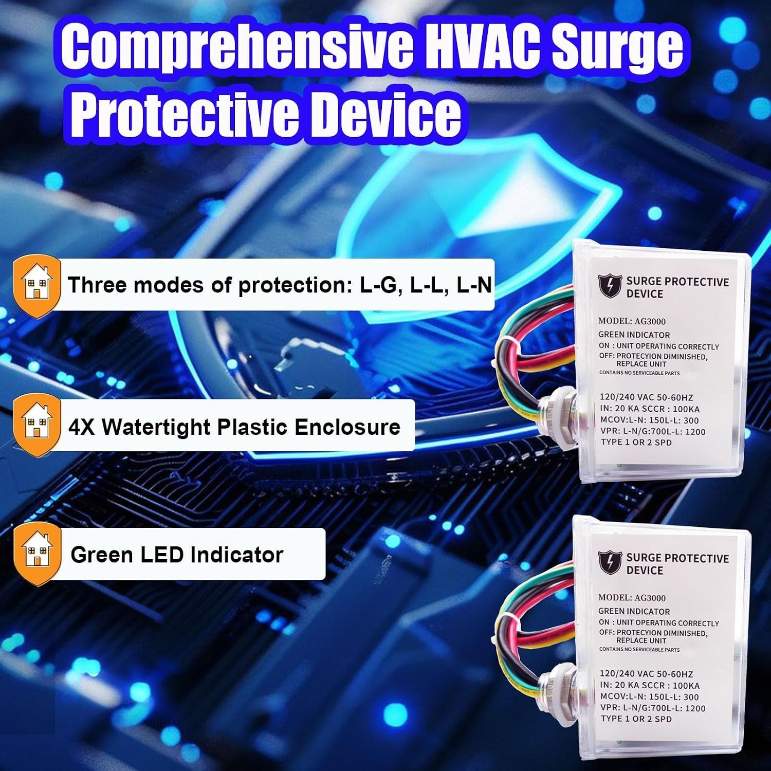 2-Pc AG3000 HVAC Surge Protector – 3-Mode Protection for Appliances & Systems