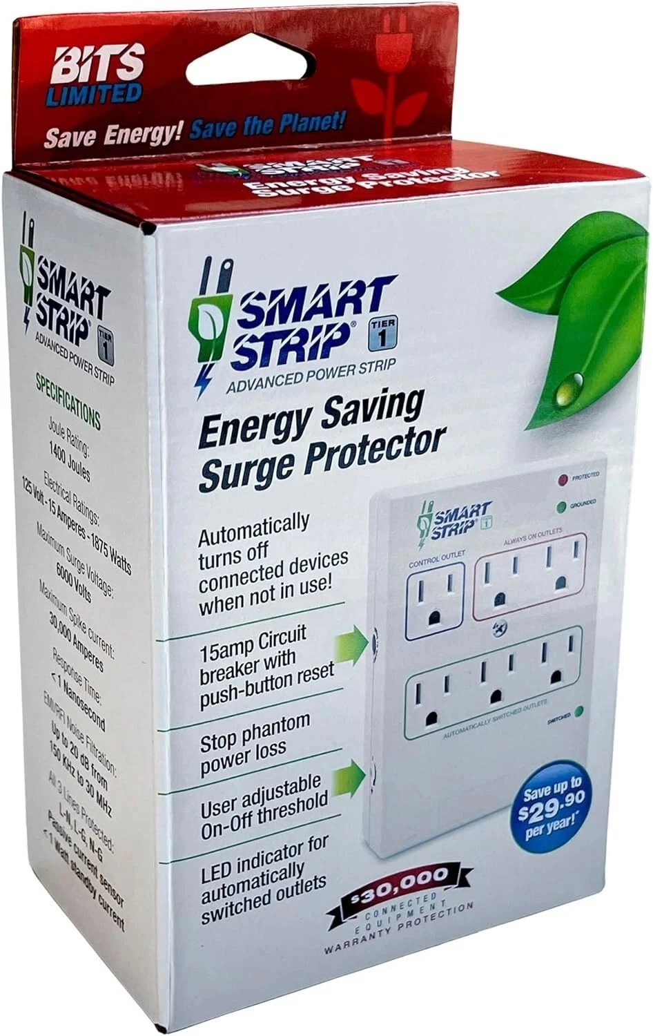 6 Outlet Wall Mount Energy Saving Surge Protector 1400J Auto Shutoff Smart Strip