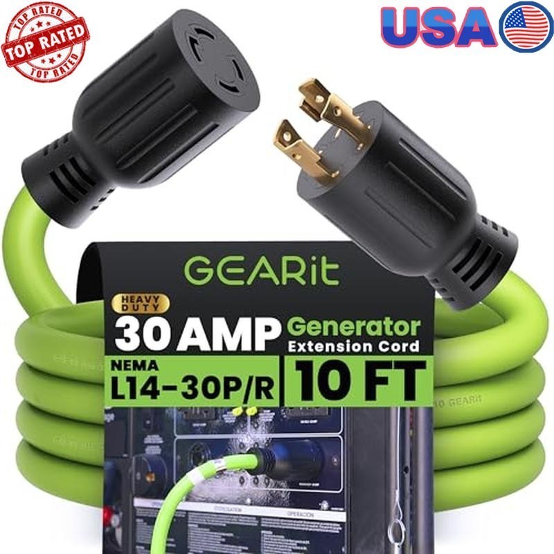 10ft Generator Extension Cord 7500W 4-Prong Locking Power Cable 10 Gauge SJTW