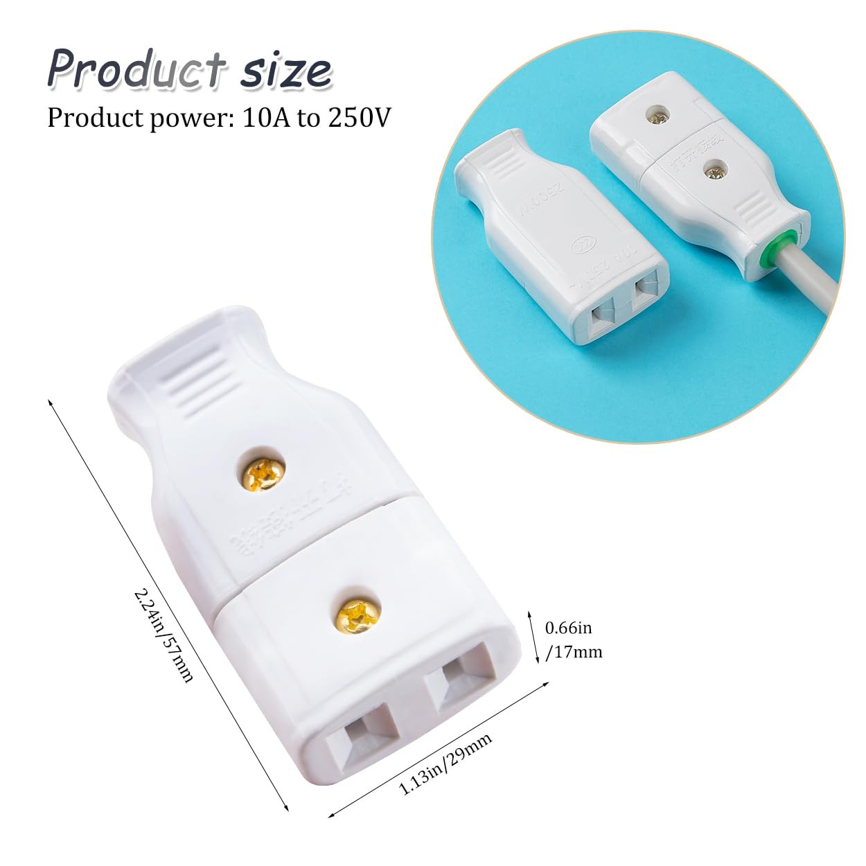 6Pcs 10A 250V 2 Pole Straight Blade Plug Female Extension Cord Ends White AC Soc