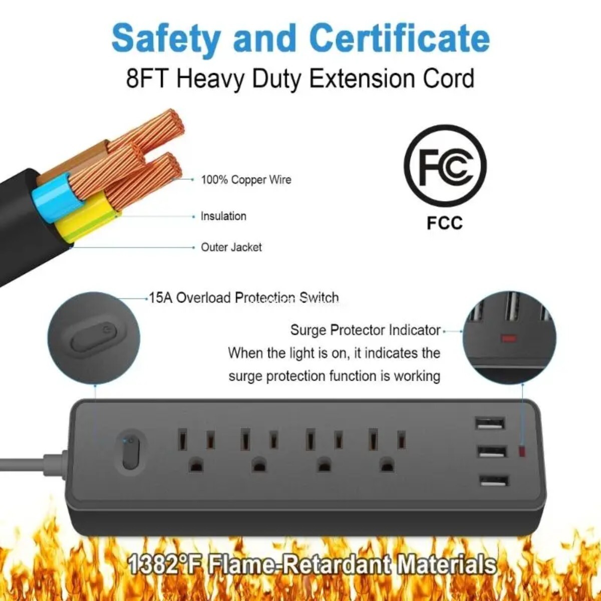 7-IN-1 Power Strip Sockets 4-Outlets plug 3-USB Ports Protection Overload