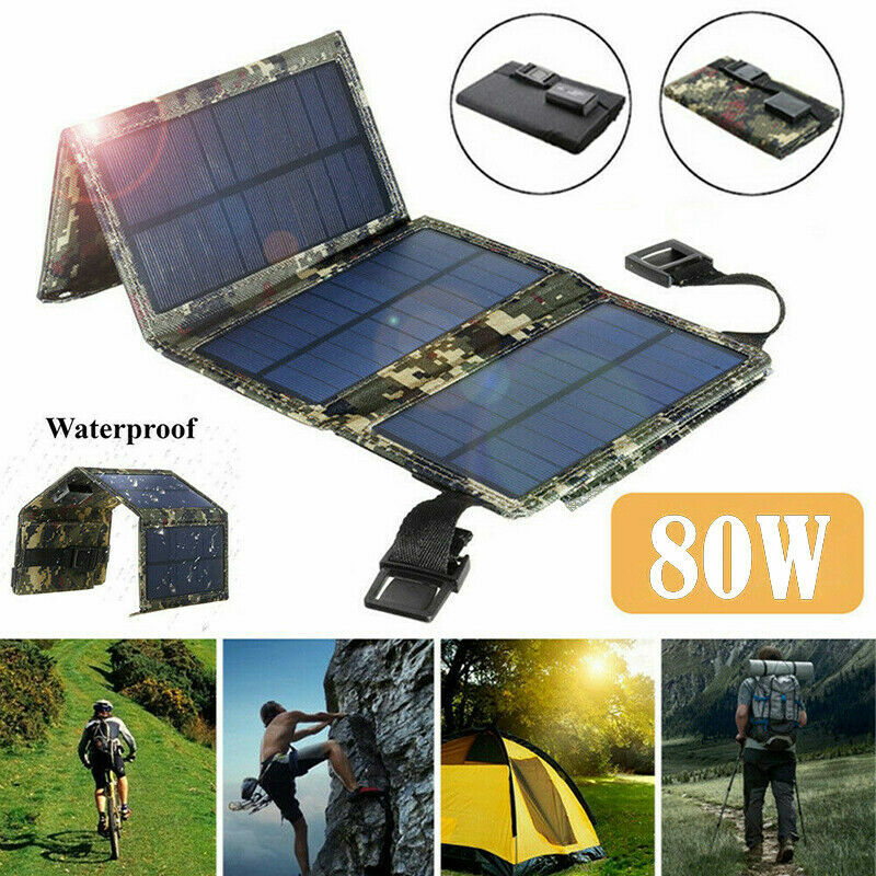 Folding Solar Panel Power Bank USB Battery Charger Outdoor Hiking Camping 80W US