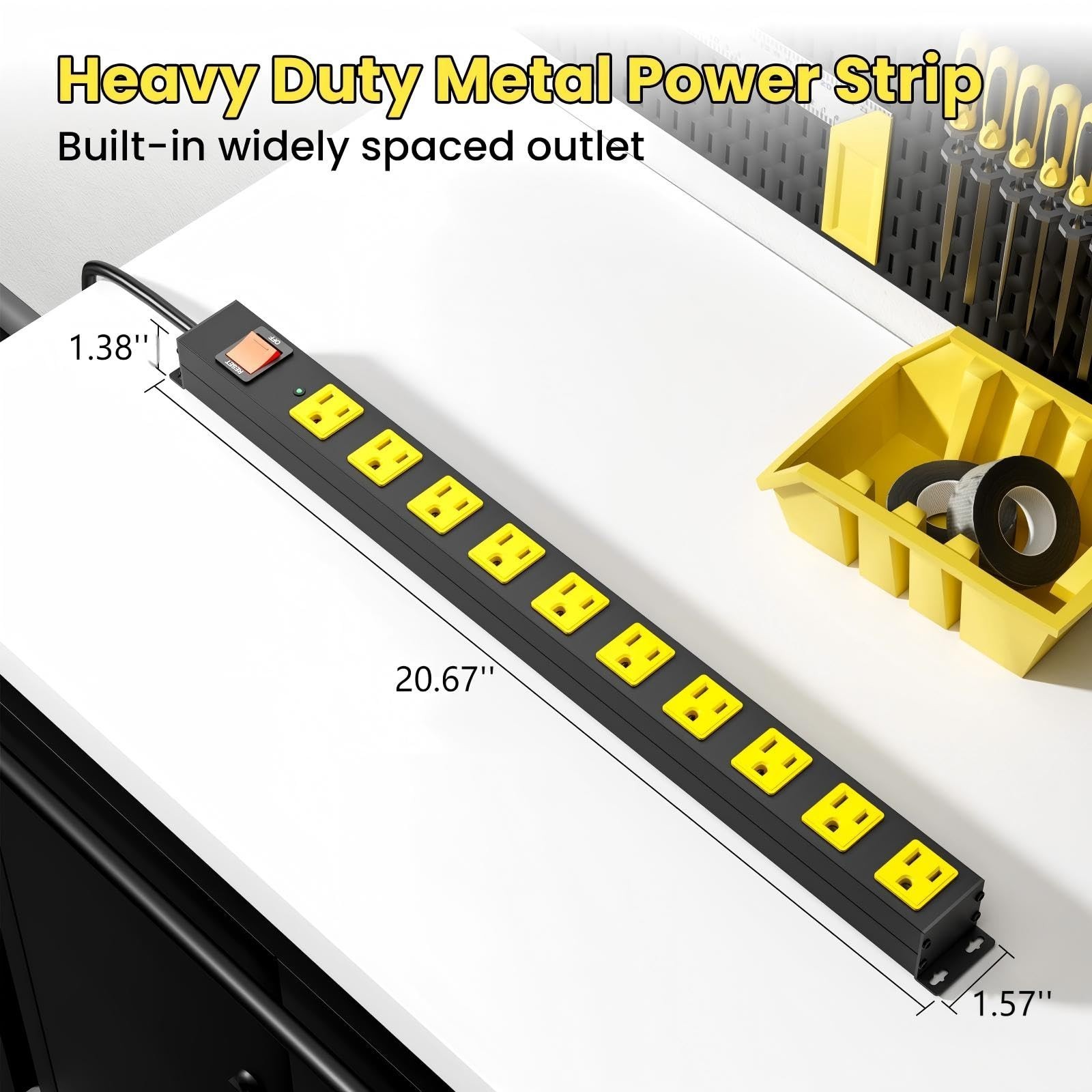 10-Outlet Metal Power Strip with 2100J Surge Protection, 6FT Heavy-Duty Cord, Wa