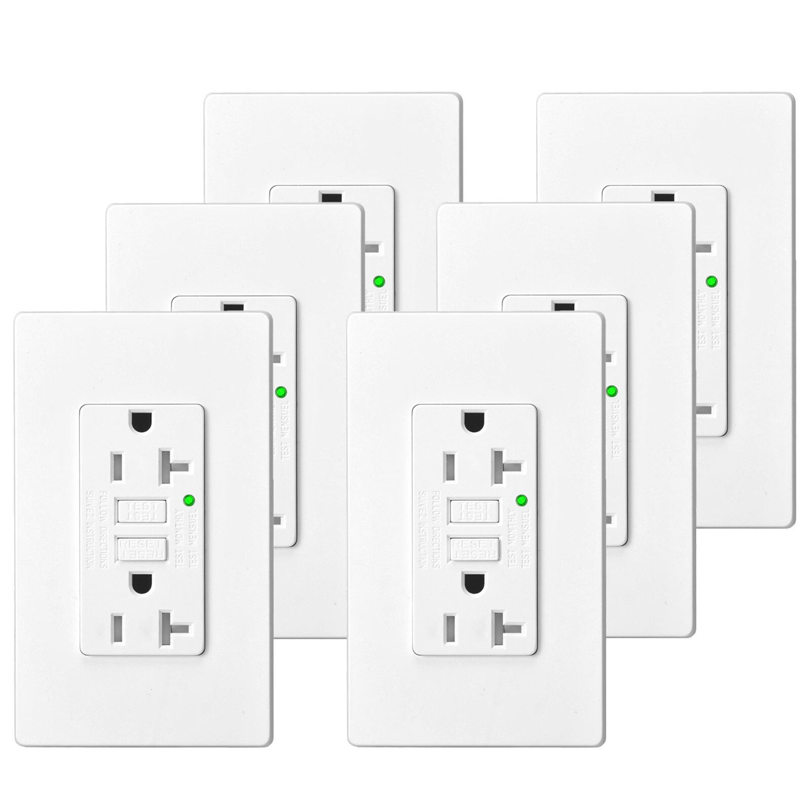 20 AMP GFCI Outlet GFI Duplex Receptacle with LED Indicator Wallplate Non-TR 6PK