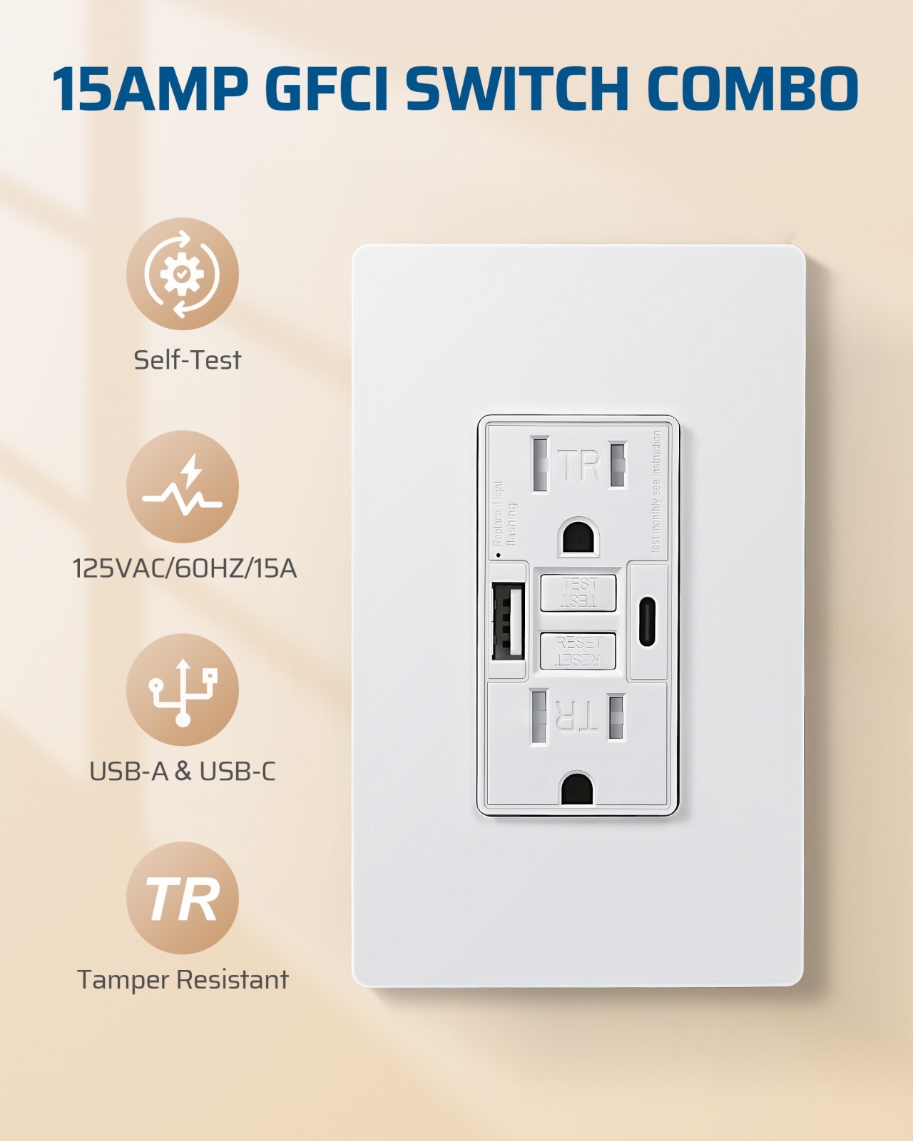 DEWENWILS 15A GFCI Outlet with USB A & C 4.8A Charger Tamper Resistant ETL