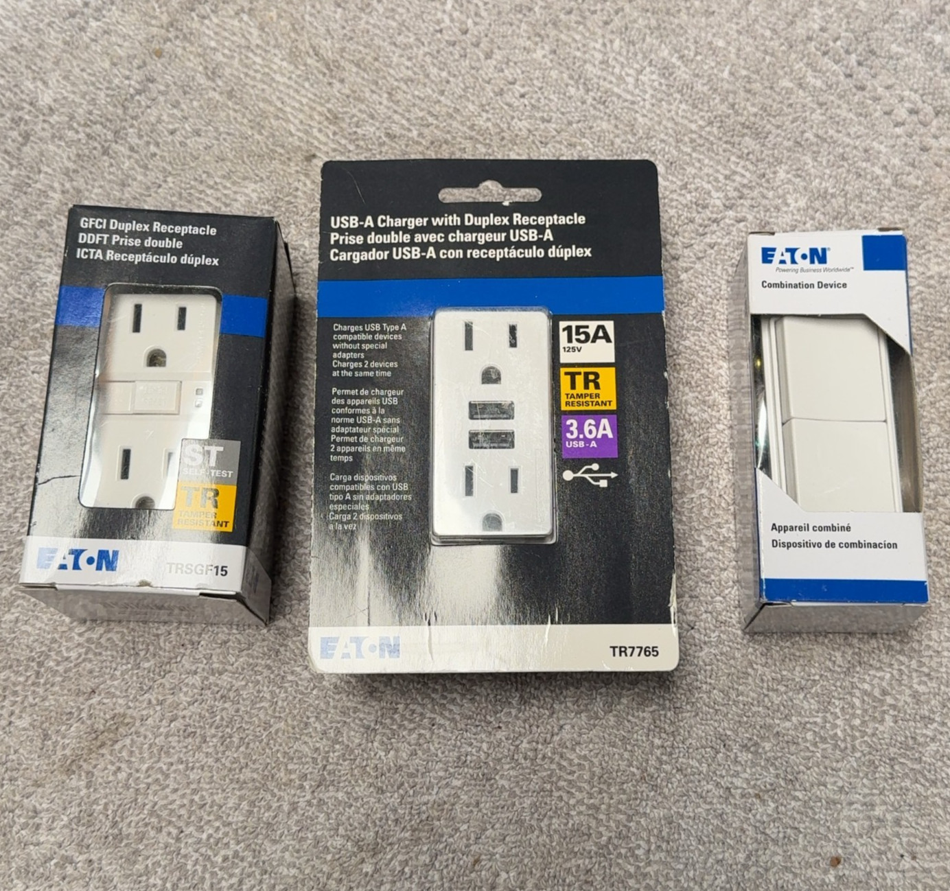 Eaton GFCI, USB-A Receptacle, + Dual Switch All White All NEW!