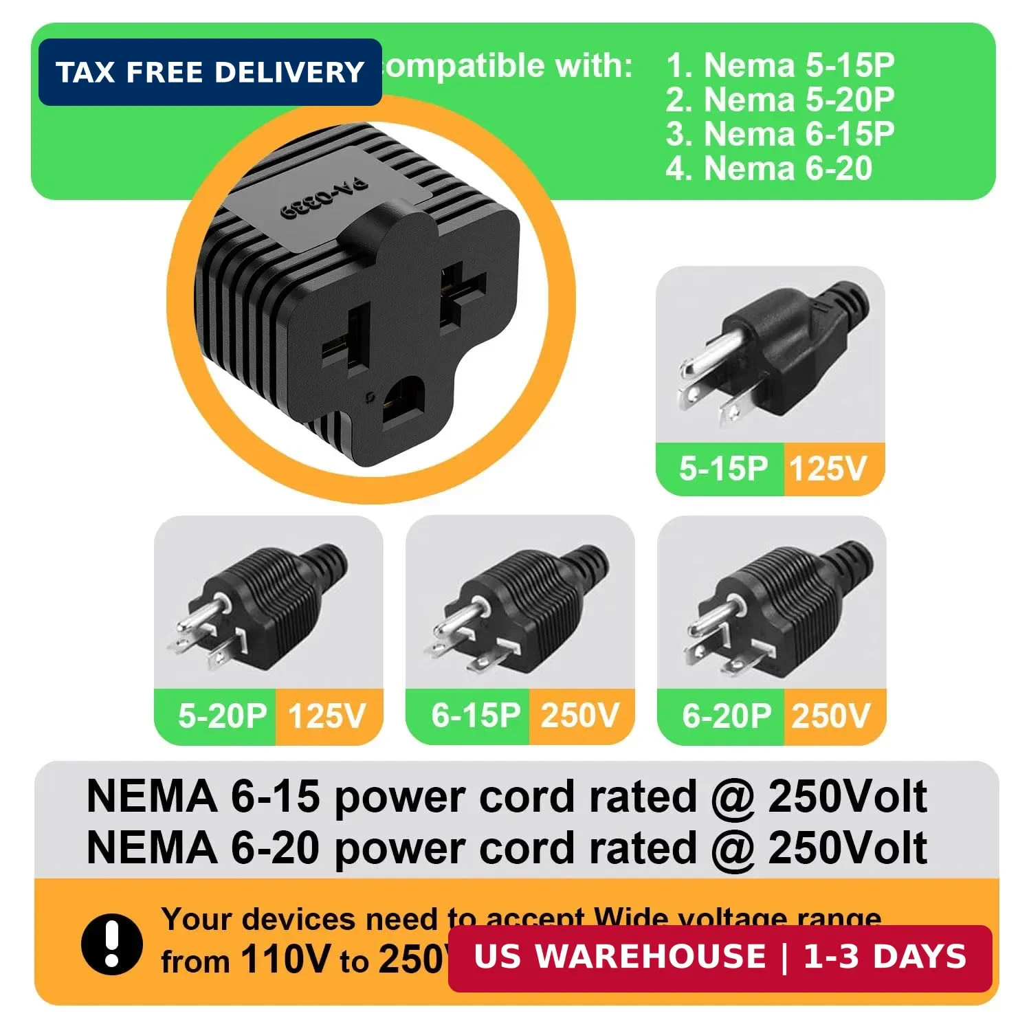 [10Pack] 4-in-1 15 Amp Household AC Plug to 20 Amp T-Blade Adapter,5-15P to 5-20