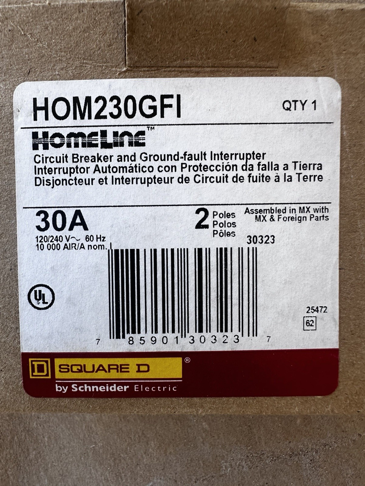 Square D Homeline HOM230GFI 30A 2-Pole 120/240V GFCI Plug-In Breaker
