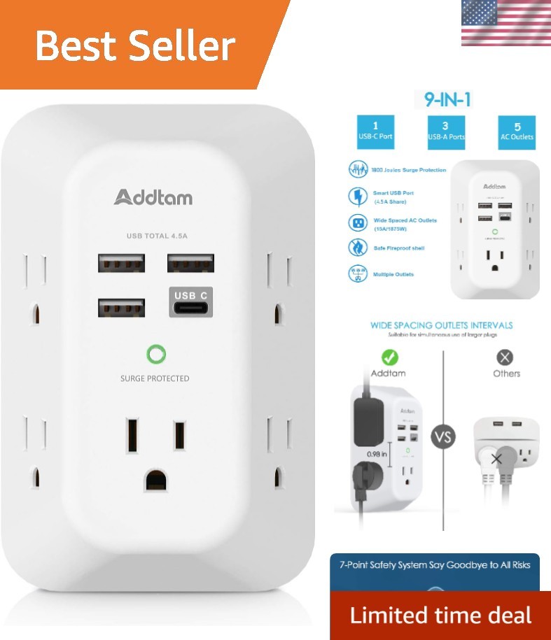 3-Sided 5 Outlet Power Strip with 4 USB Ports, 1 USB-C & 1800J Surge Protection