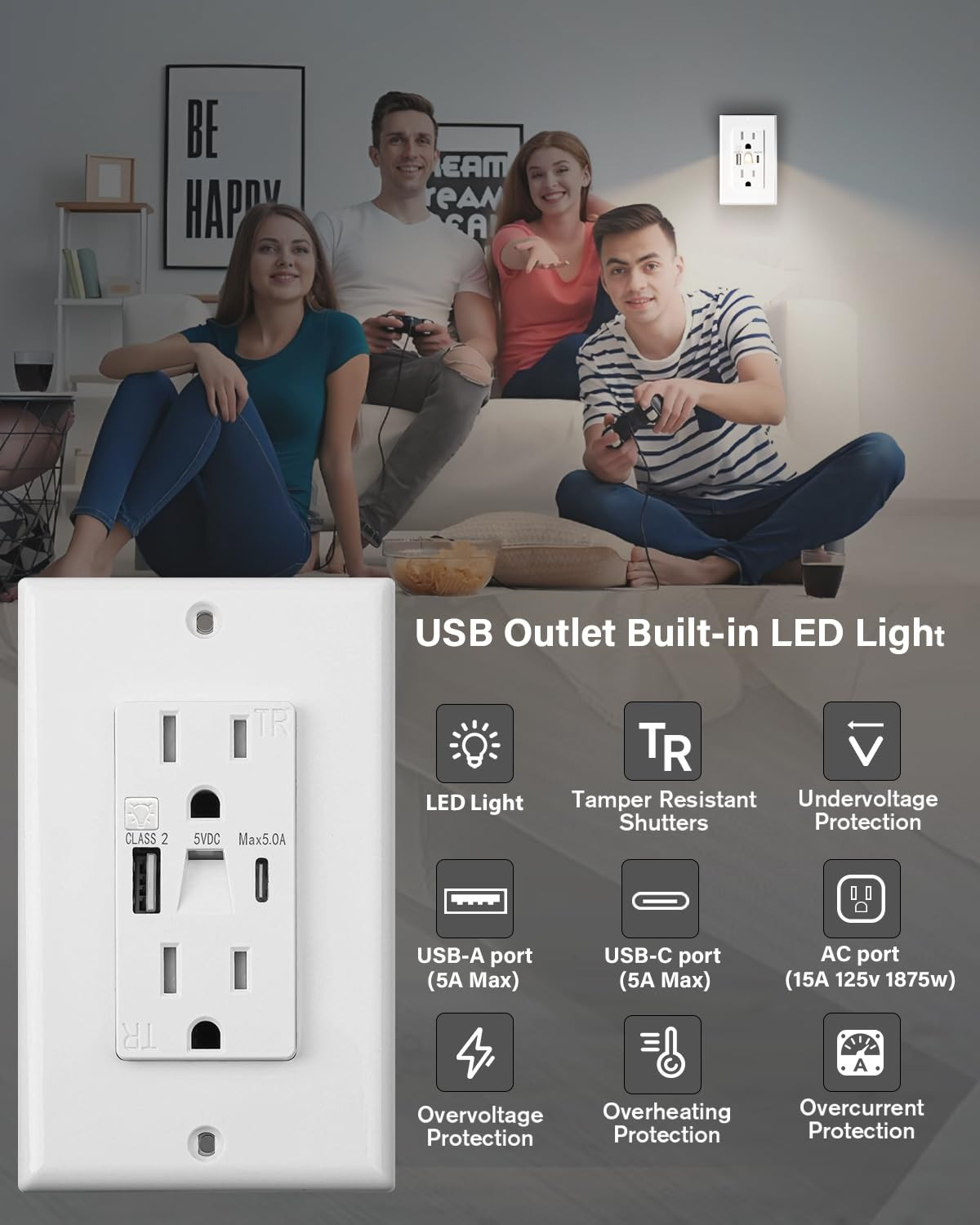 USB Outlet with Light, Modern 15A Standard Outlet with Night Light, USB Type a &