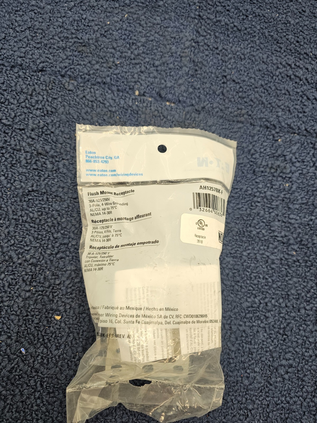 (QTY 3) Eaton AH1257BK-F Flush Mount Receptacle -125/250 VAC- 30 Amp NEMA 14-30R