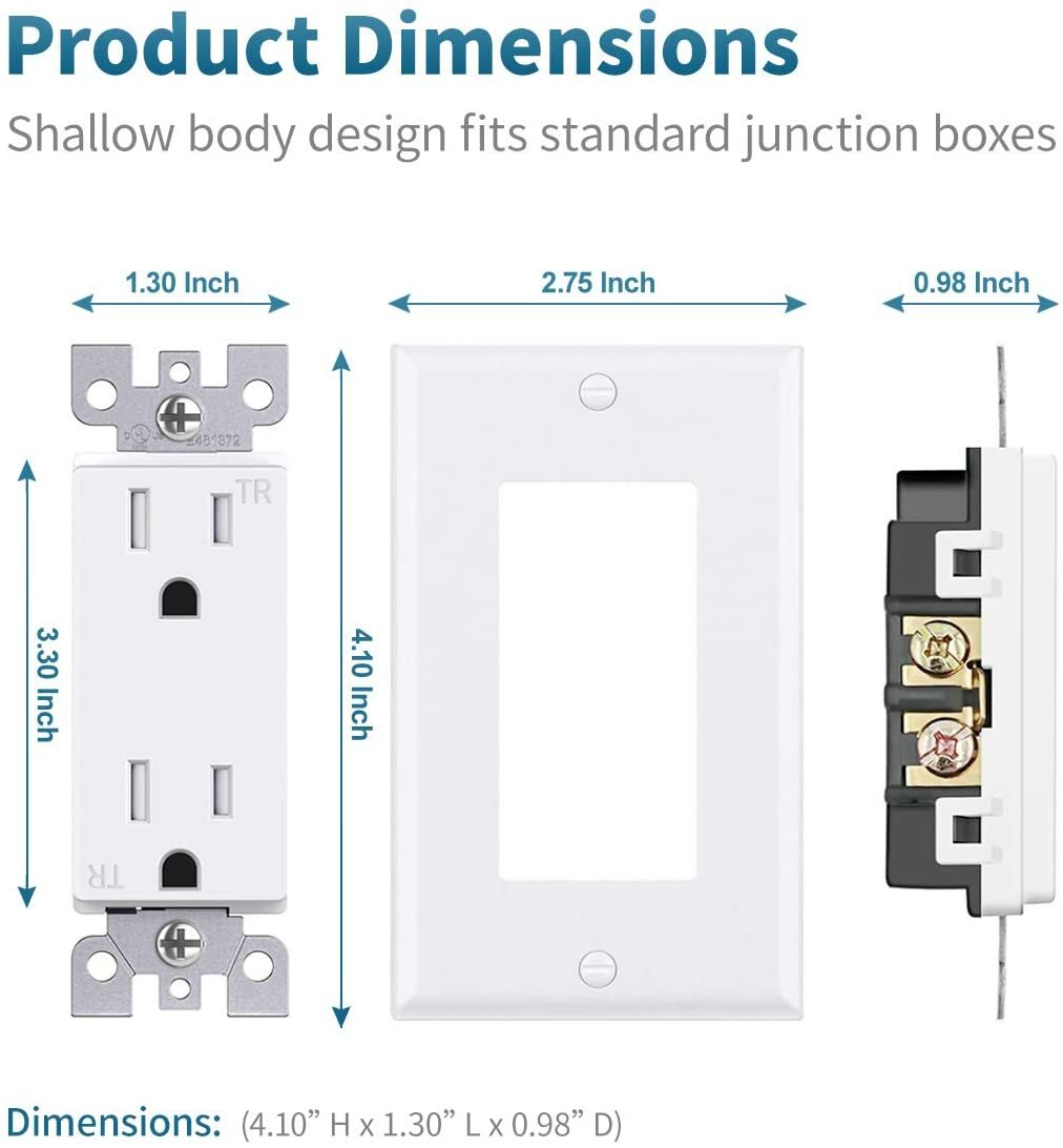 Outlet Socket, Decora Duplex Receptacle 15 Amp, 125 Volt Tamper Resistant,10Pack