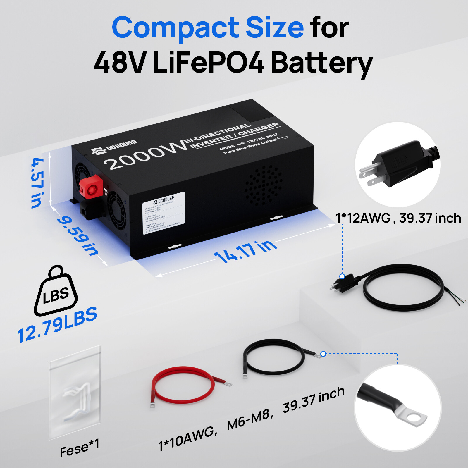 2 in 1 48V 2000W Pure Sine Wave Inverter 25A Lithium Battery Charger Golf Carts