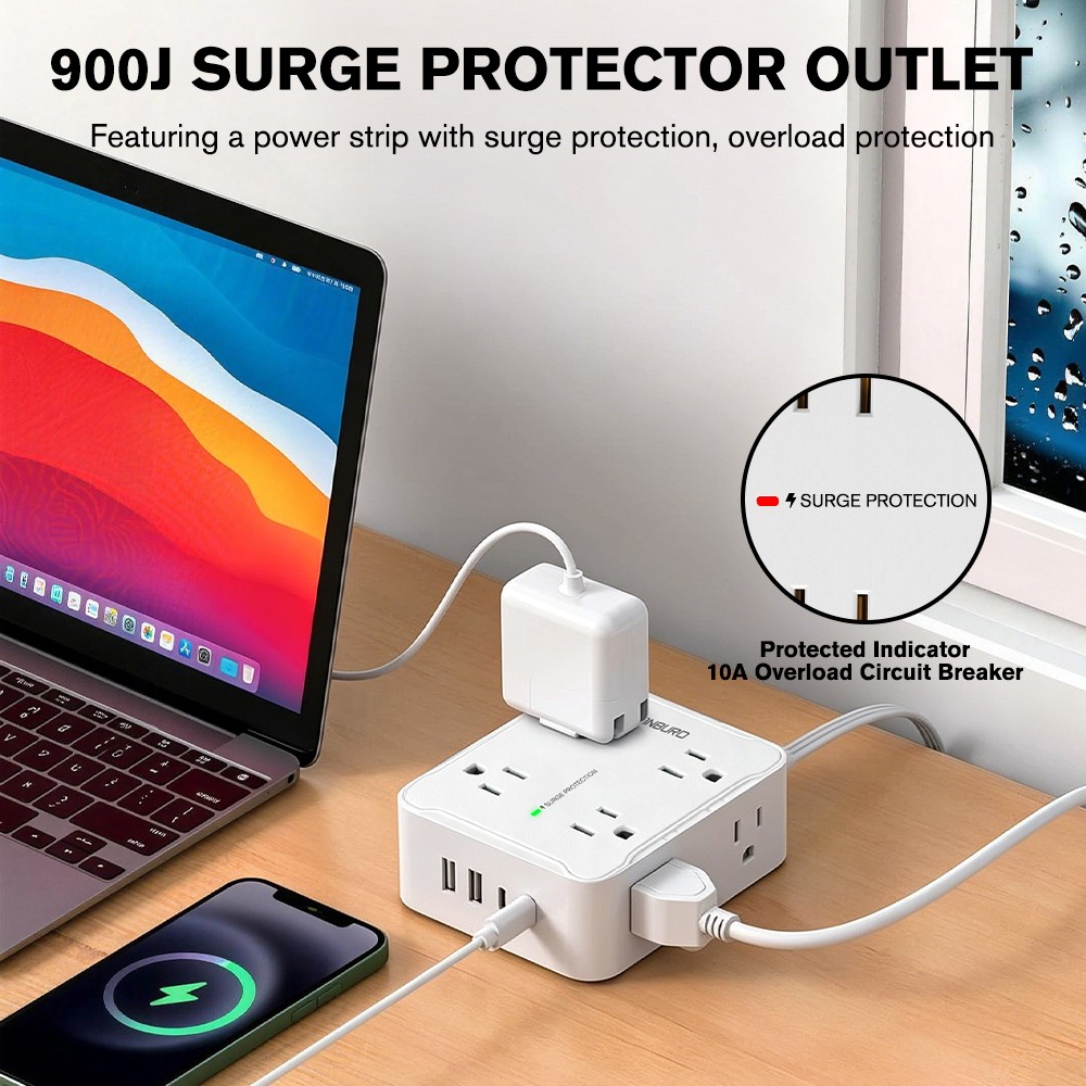 Power Strip with Multi Outlet USB C Charger 6.5 FT Extension Cord Flat Plug