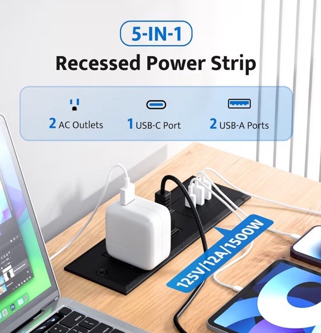 Recessed Power Strip, Flush Mounted Drawer Outlet Fast Charging USB