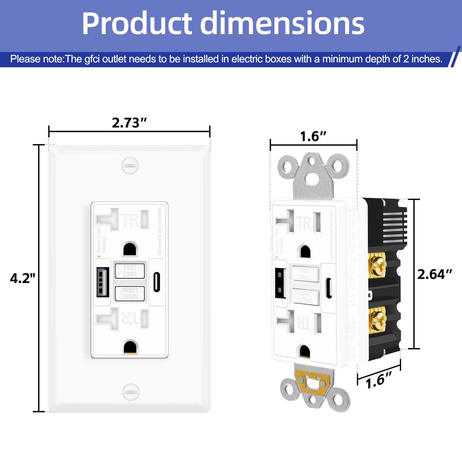 3PK 20A GFCI Outlet with USB C&A Ports 5V/4.8A Fast Charging TR ETL Certified