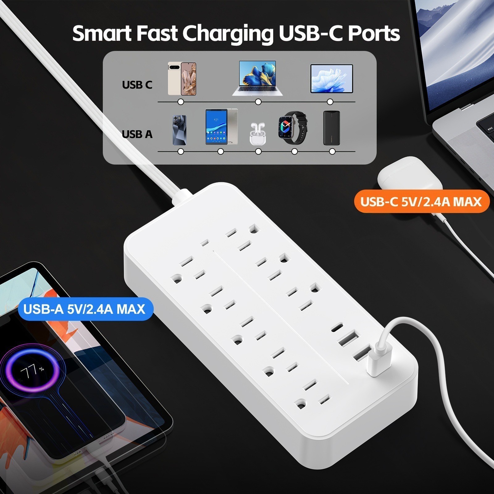 12-in-1 Power Strip Surge Protector 1700J 8 AC Outlets 4 USB Flat Plug Compact