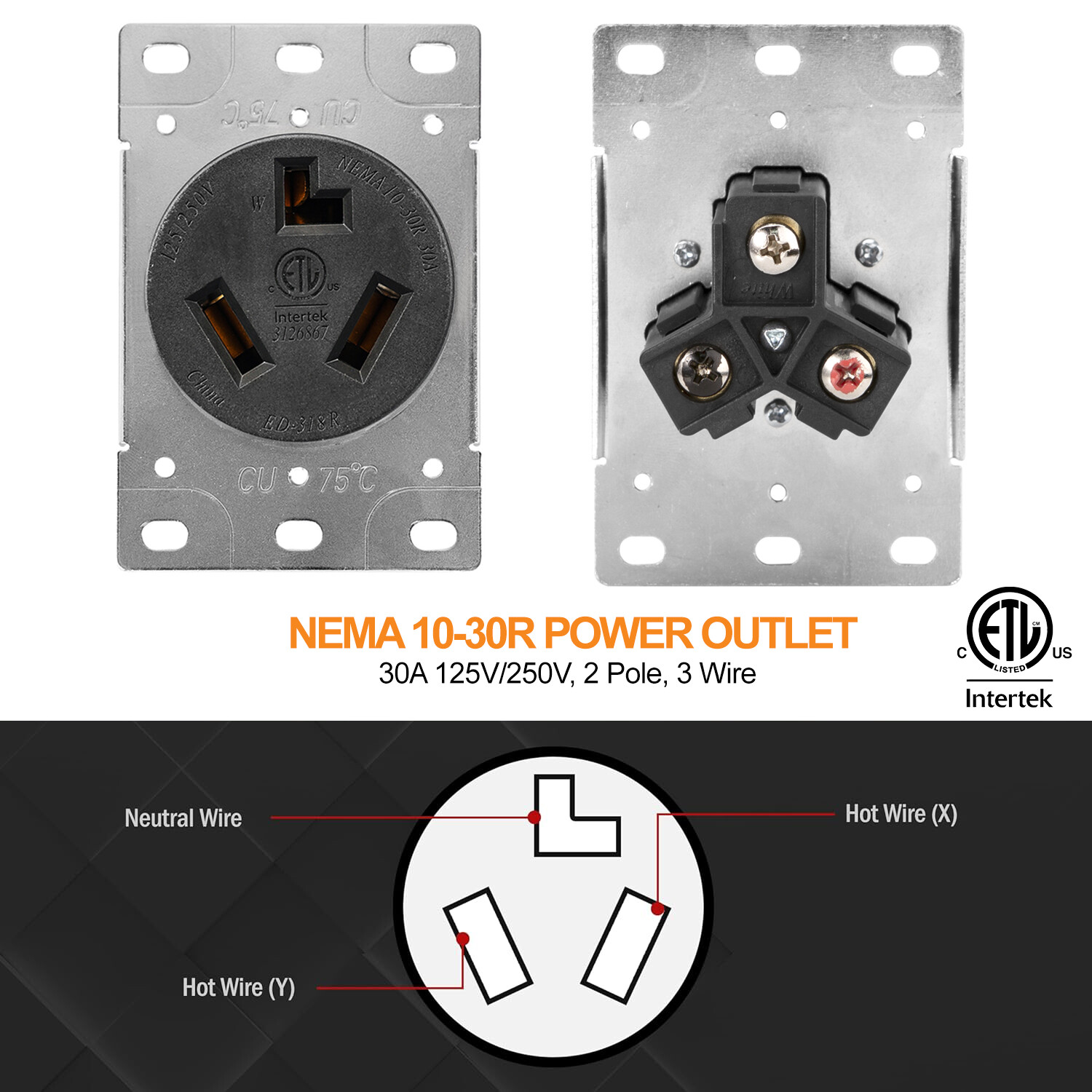 30 Amp Dryer Receptacle, Outlet for Electric Dryers, 125/250V Power Outlet