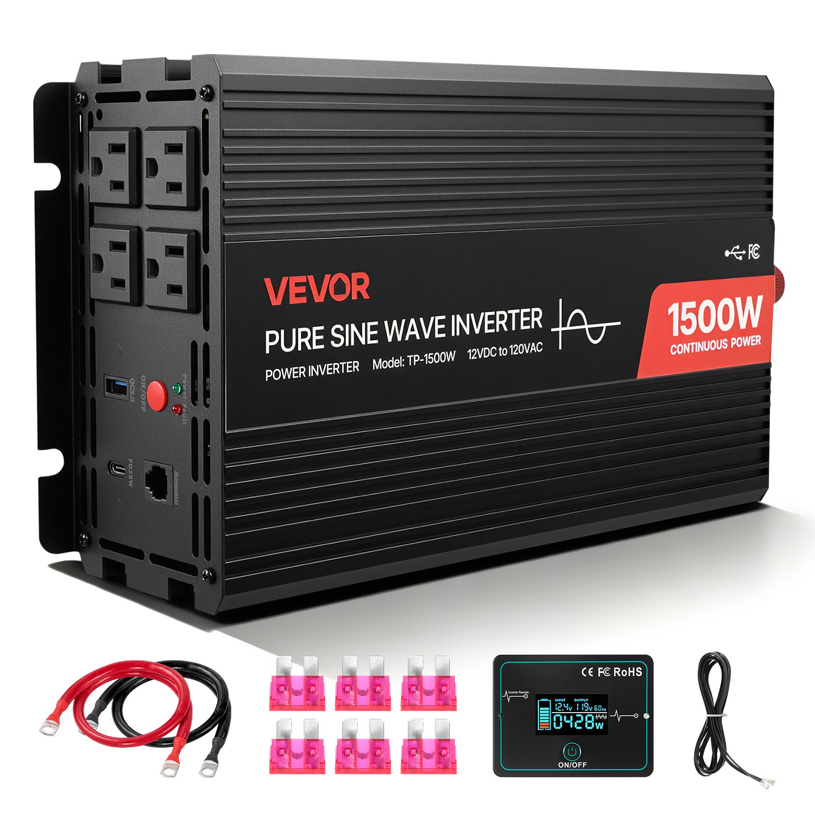 VEVOR 1500W Power Inverter 12V DC to 120V AC Pure Sine Remote Control USB Type-C