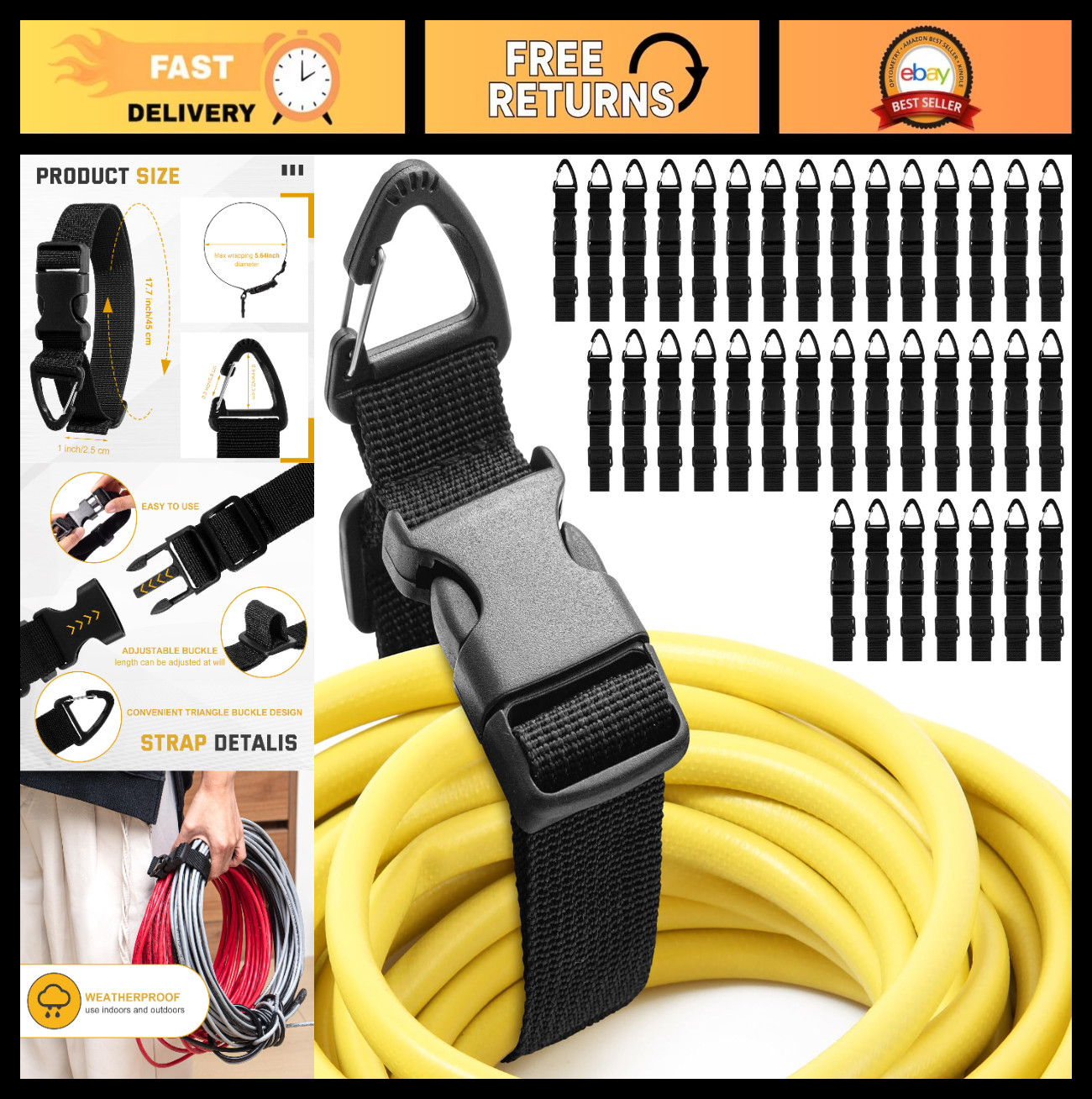 36 Pack 17″ Adjustable Extension Cord Holder Organizer with Clips – Heavy Duty G