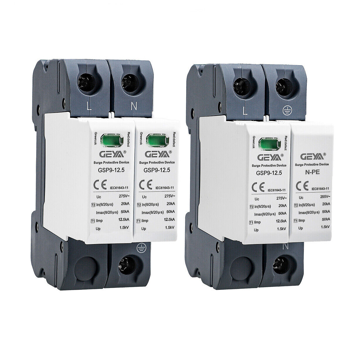 GEYA SPD 1P+NPE AC275V Surge Protector Lighting Arrester 12.5KA T1+T2 Class 50KA