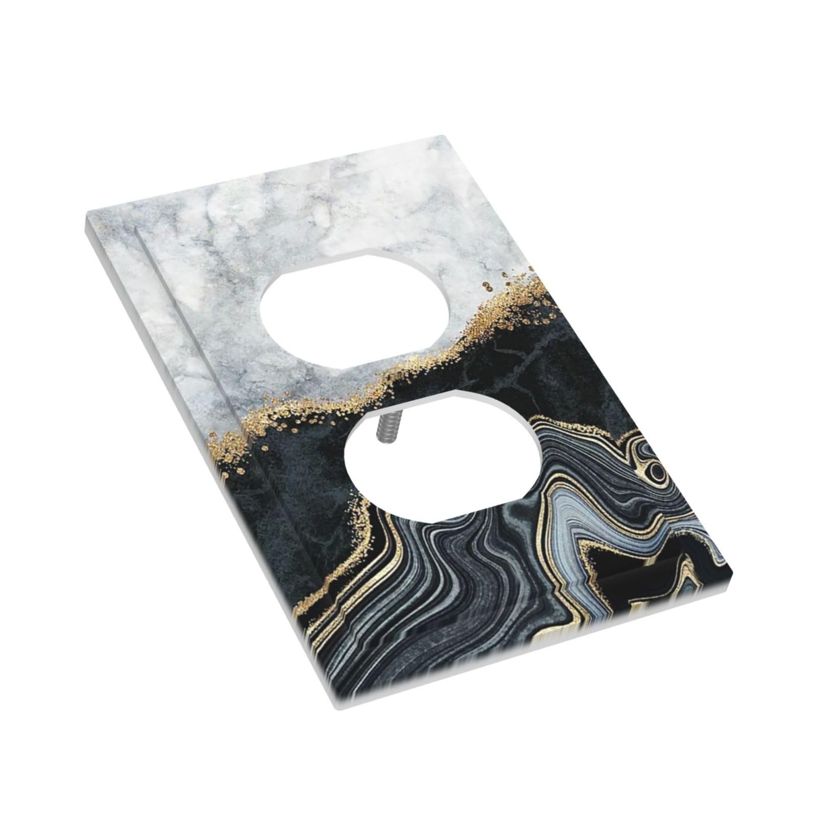 Modern Abstract Black Gray Grey Gold White Marble 1 Gang Duplex Receptacle Wa…