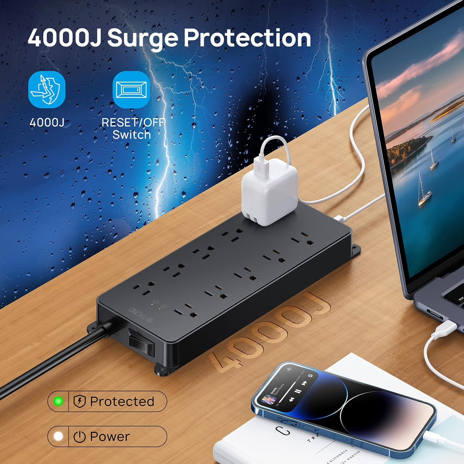 Power Strip Surge Protector, 4000J, ETL Listed, 10 Widely Spaced Outlets with 2