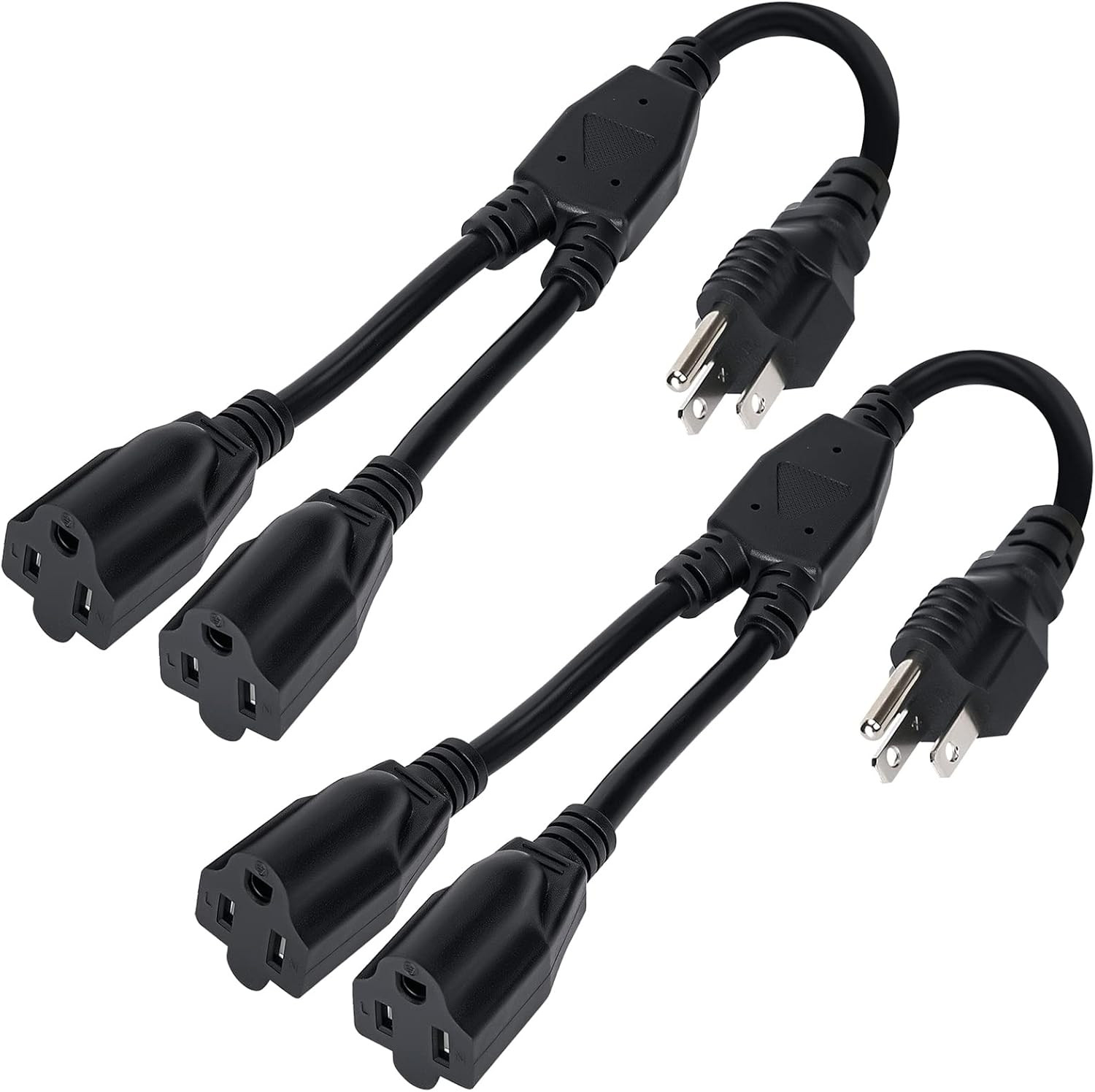 3-Prong Y Splitter Power Extension Cord 1 FT/2 Pack, Straight Plug 1 to 2 Way Ou