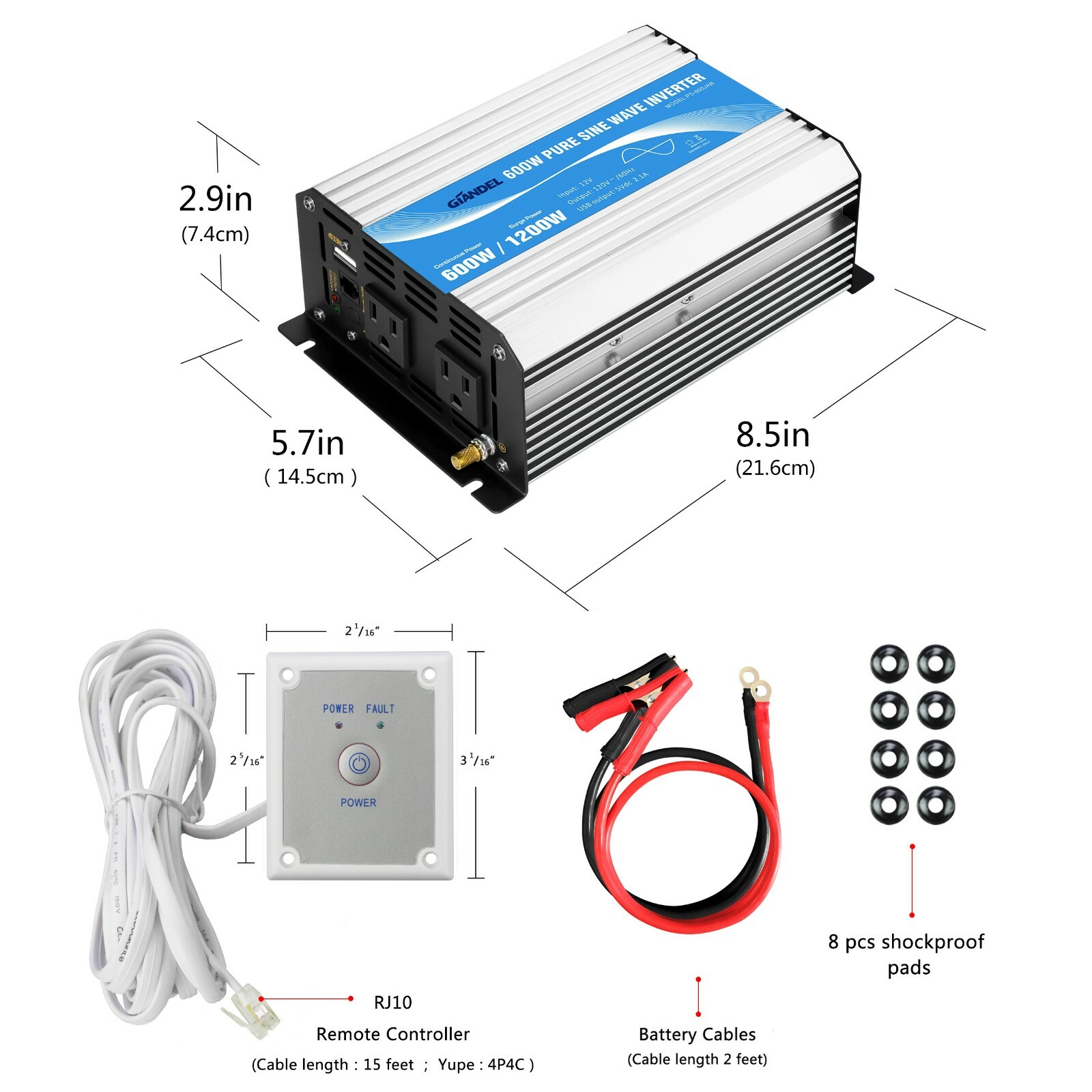 Power Inverter Pure Sine Wave 600W 12V to 110V-120V USA Transistor 4.5m Remote