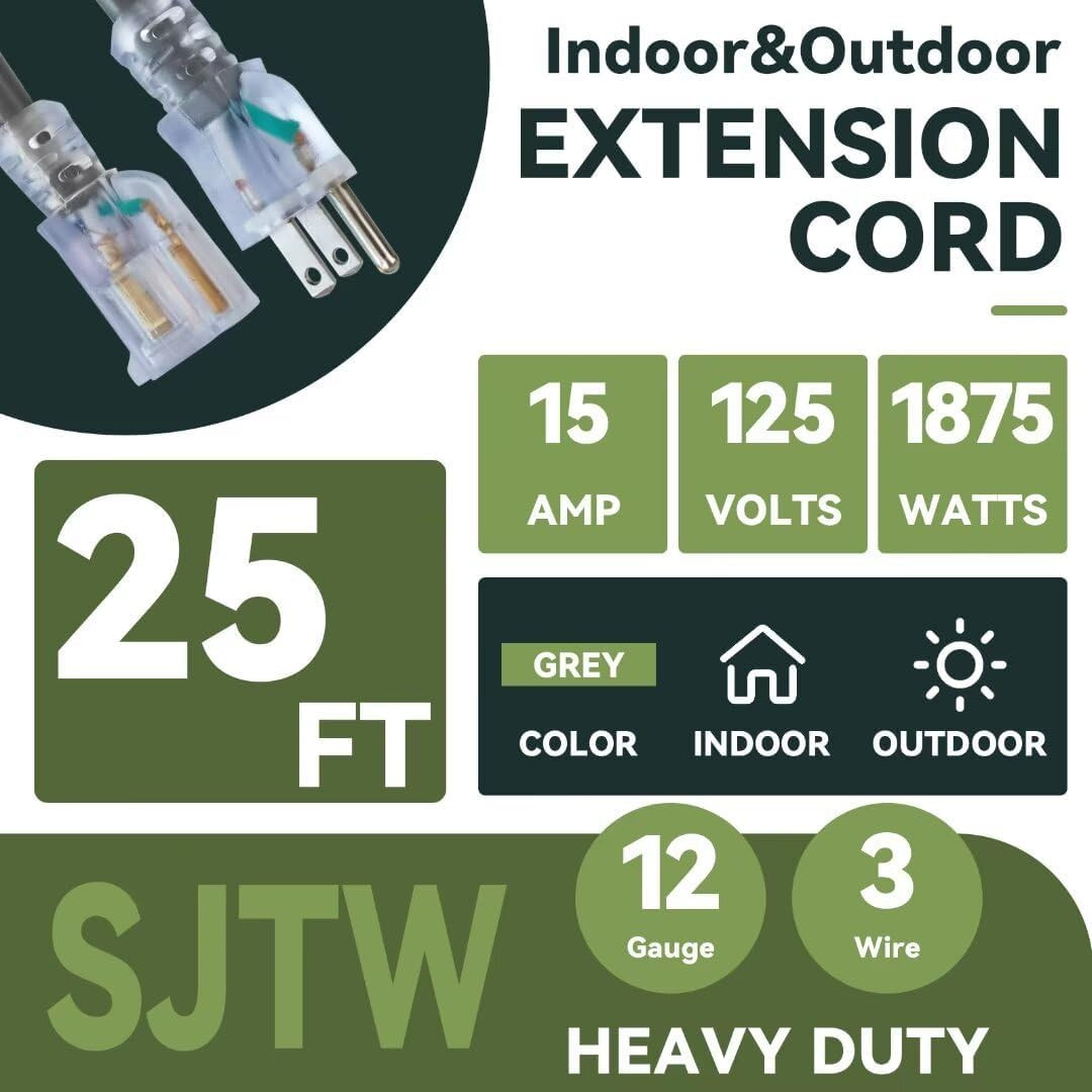 Indoor Outdoor Extension Cord, 12 Gauge 3 Prong Weatherproof Heavy Duty Gray Ext