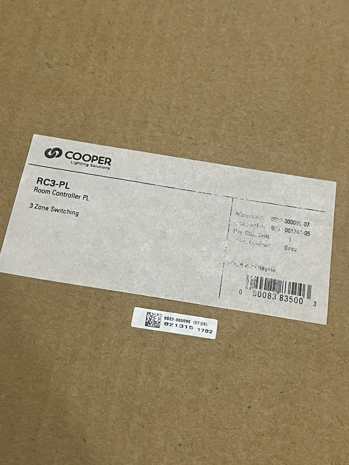 Cooper – RC3-PL Room Controller PL 3 Zone Switching (1ea New)
