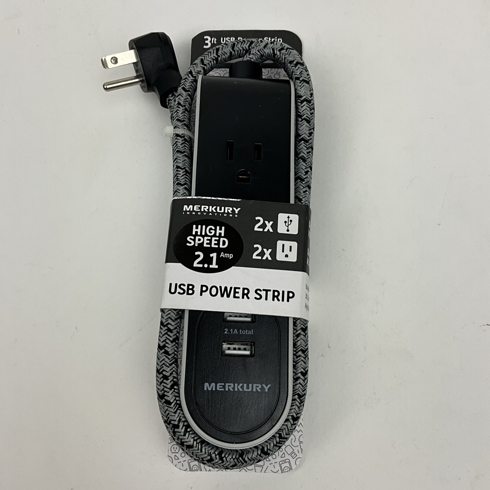 Powerstrip with 2 AC Outlets, 2 USB Ports, 3 ft. Fabric Cord Black/Gray