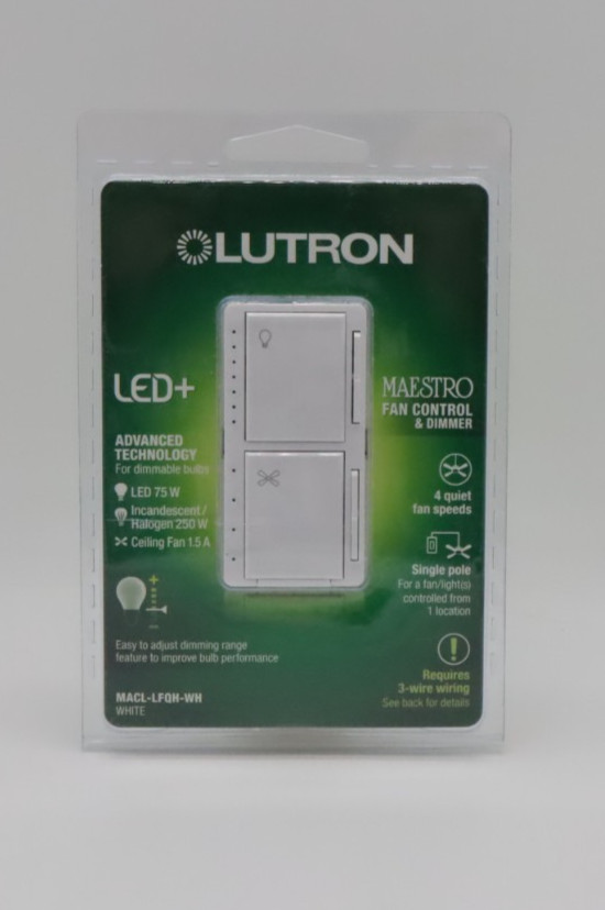 Lutron (MACL-LFQH-WH) Maestro Fan Control and Light Dimmer for Dimmable LED New