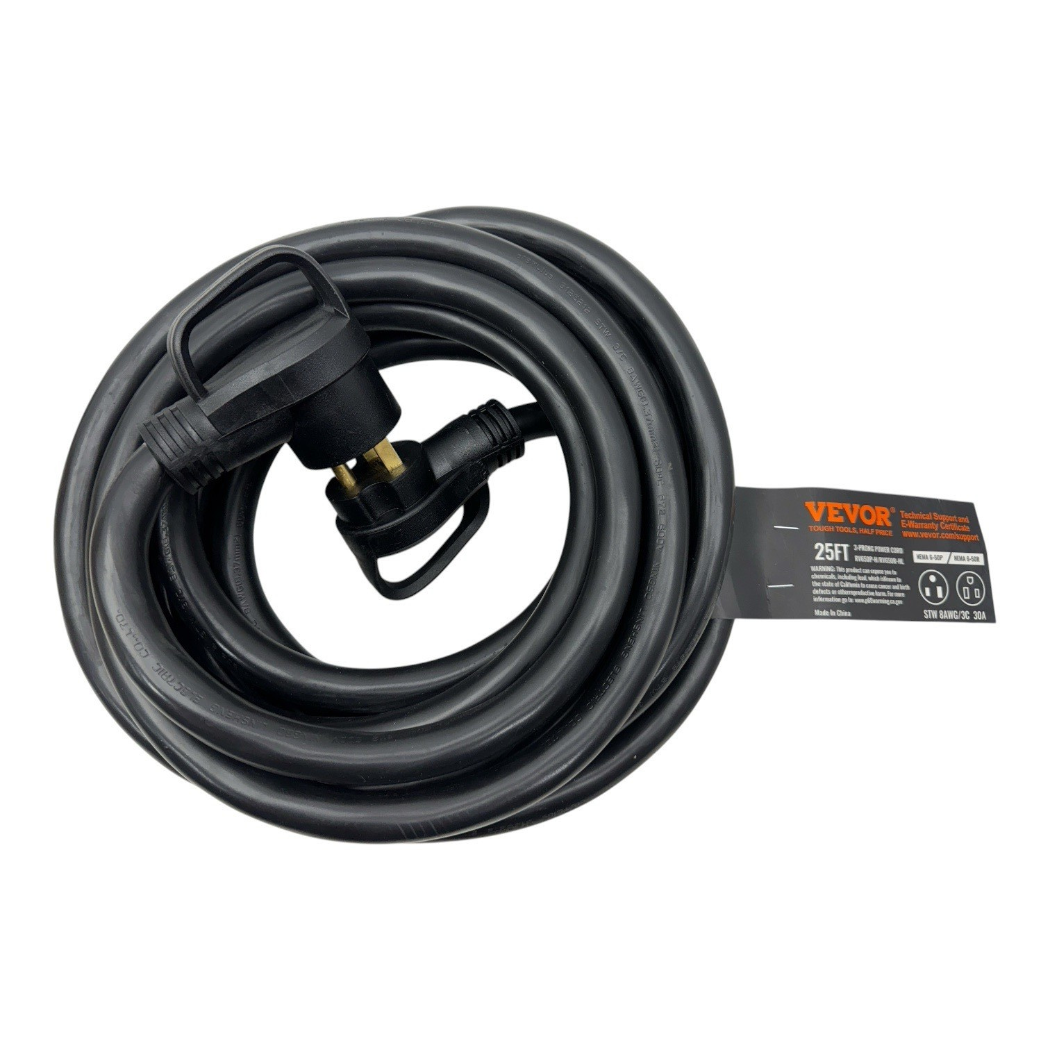 VEVOR 30A 25 ft Generator Extension Cord 250V NEMA 6-50P to 6-50R 7500W (701)