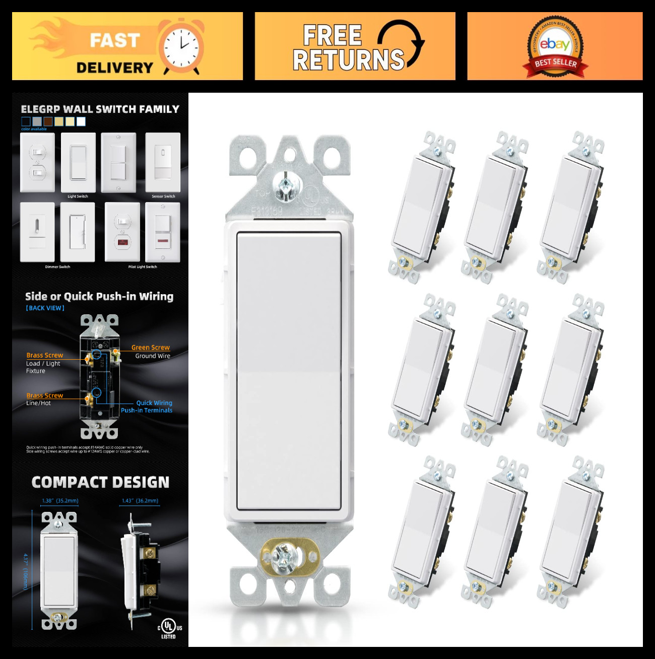 Matte White Paddle Rocker Light Switch 15A 120-277V, On/Off Wall Switch, 10 Pack