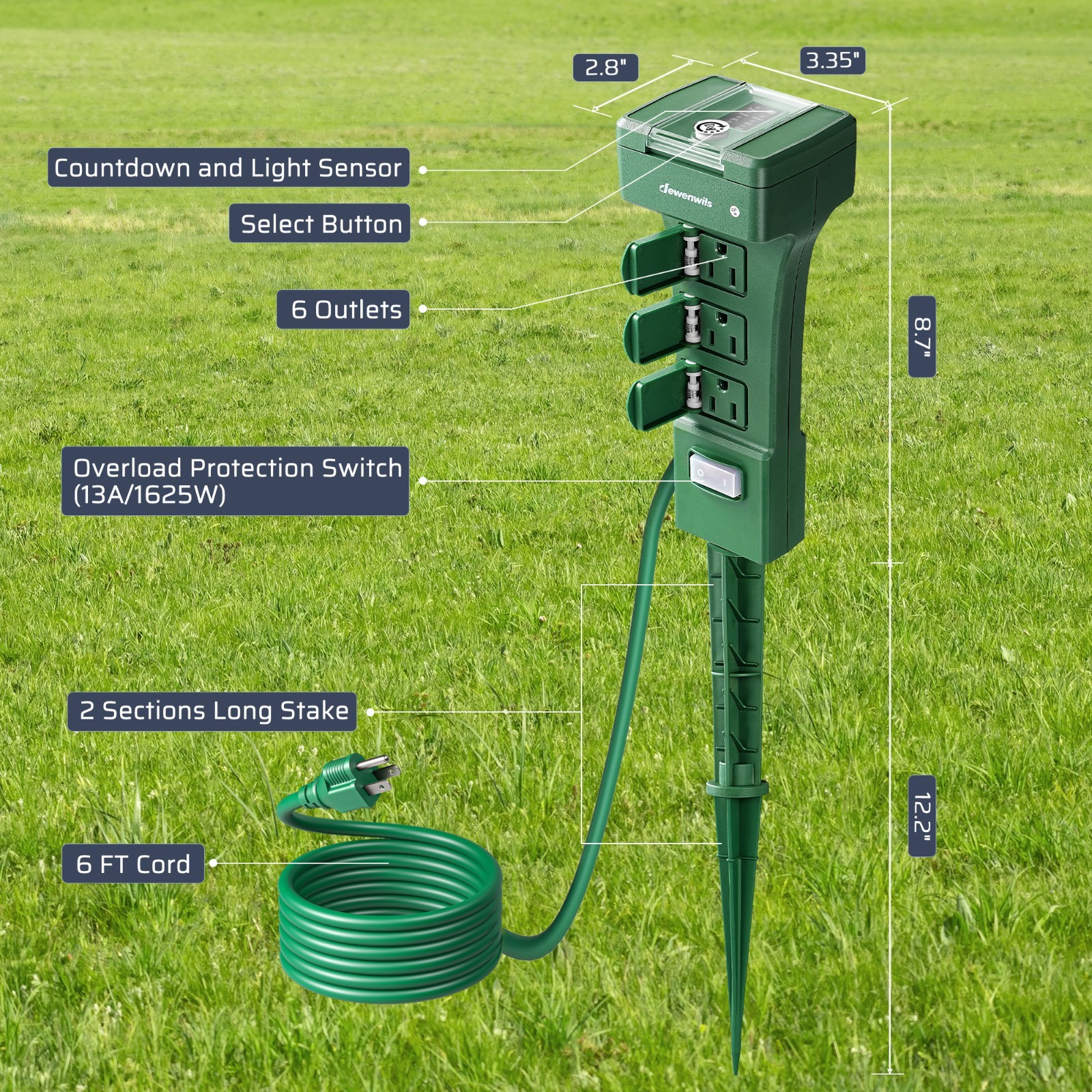 DEWENWILS Outdoor Power Stake Timer w/ Photocell, 6 Grounded Outlets, Christmas
