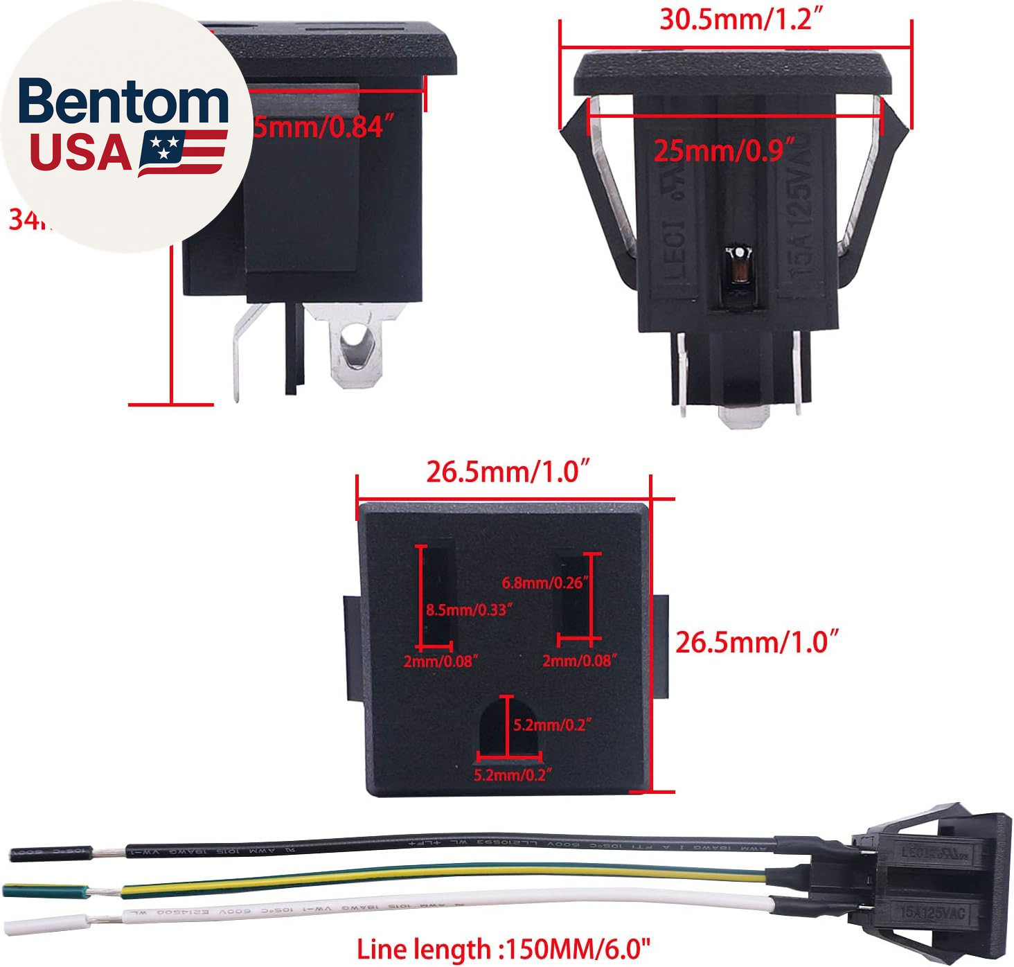 3Pcs 3 Pins US Power Socket Plug Panel 15A 125V AC Panel Mount Outlet Industrial