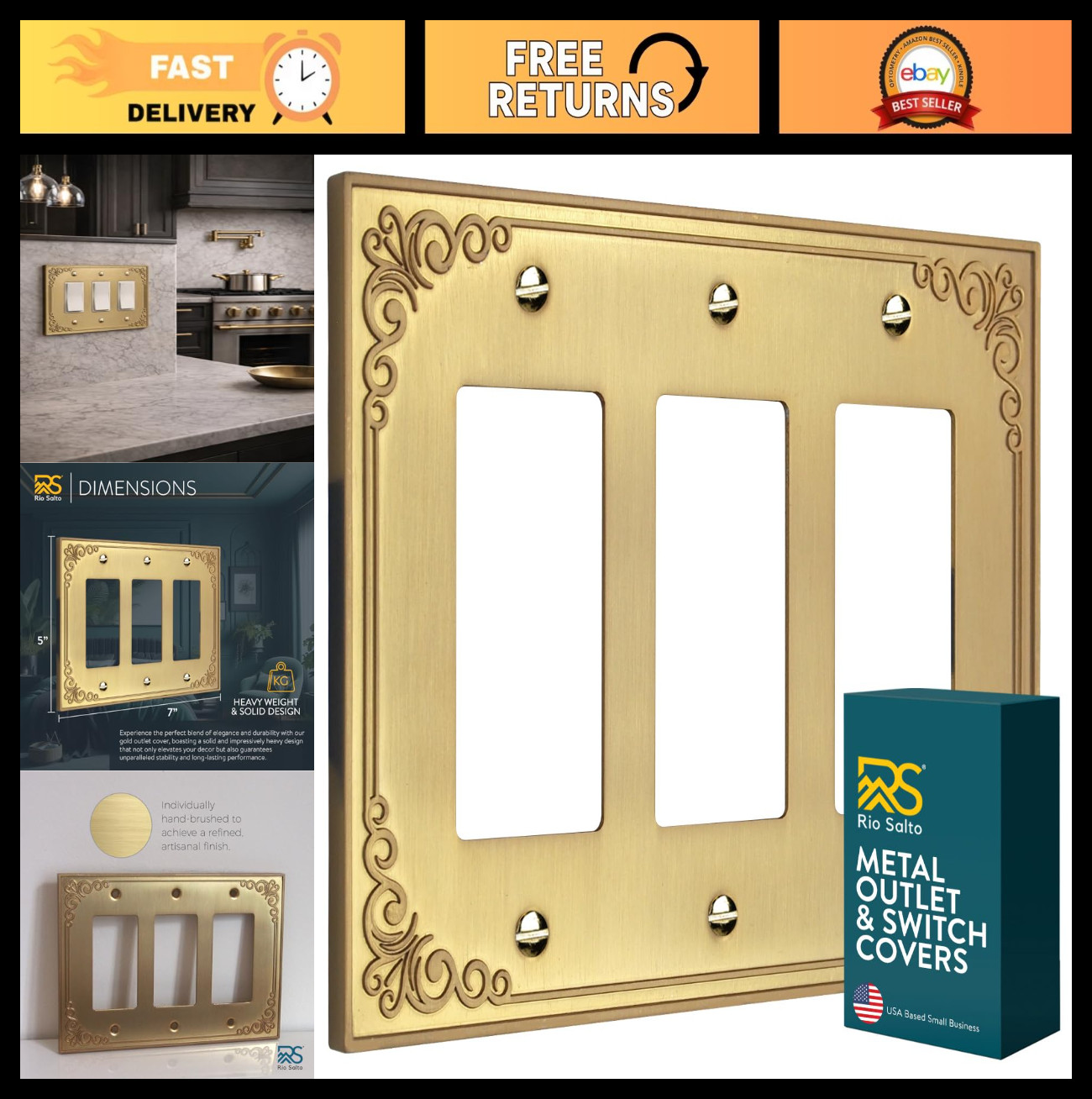 Brushed Brass Gold Decorative Triple Rocker Light Switch Plate – 3-Gang Wall Cov