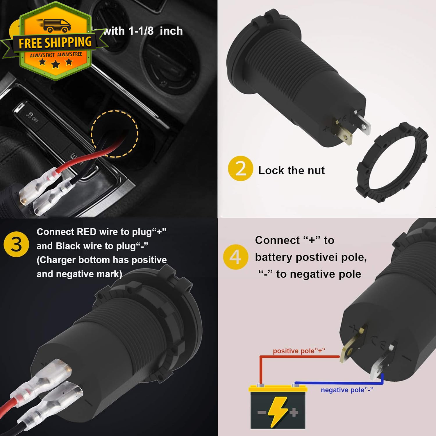 12V USB C Car Charger Socket QC4.0 PD3.0 90W Waterproof LED Outlet