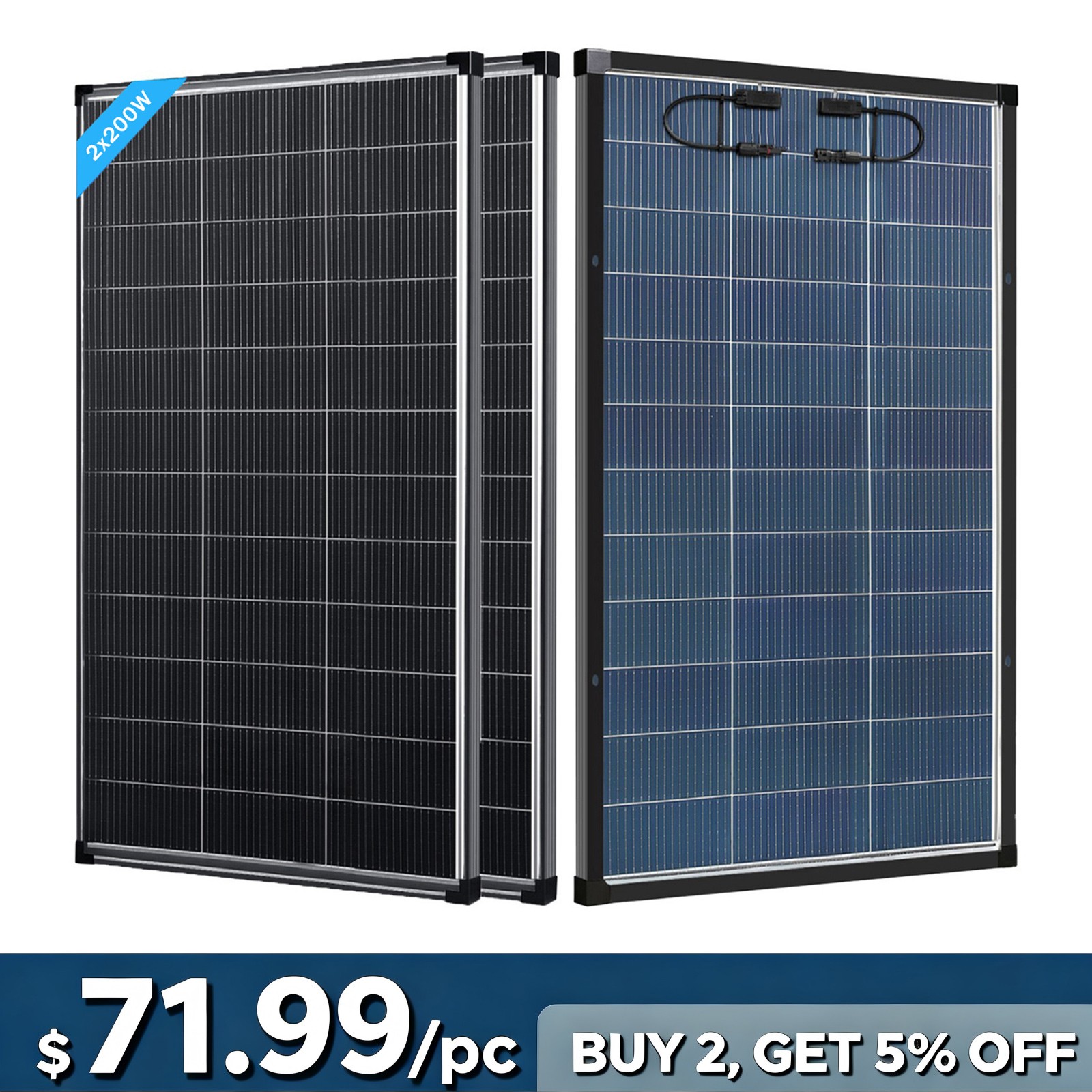 AeternaSol 200W 2Pack Bifacial Solar Panel 400W N-Type Mono 18V Roof RV Off Grid