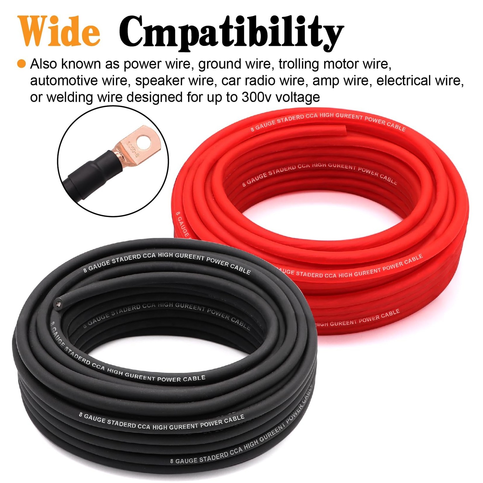 8 Gauge Wire Copper Clad Aluminum CCA (50FT Each for Black/Red) with 8ga lugs…